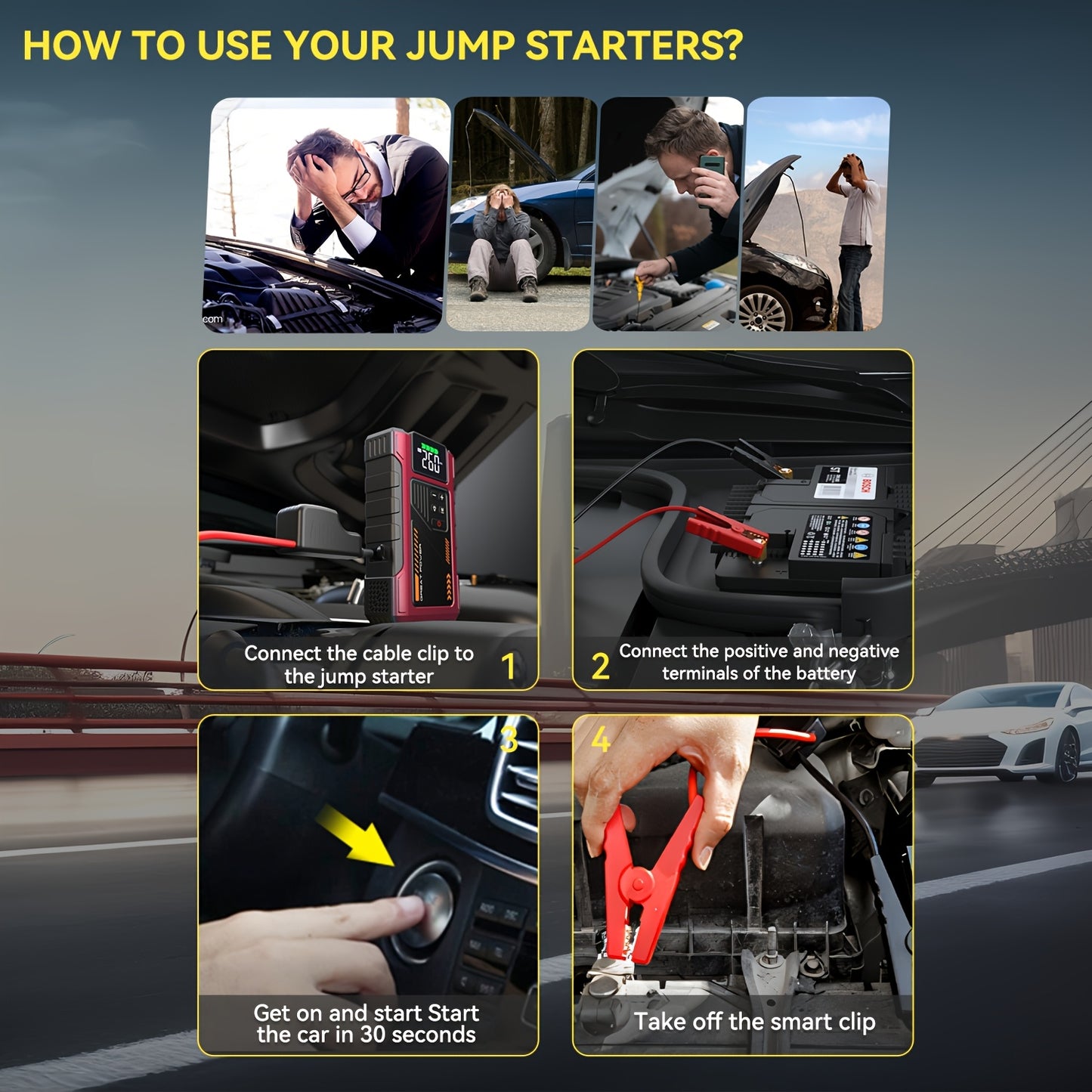 Portable Jump Starter 3000A Peak Power Car Compressor