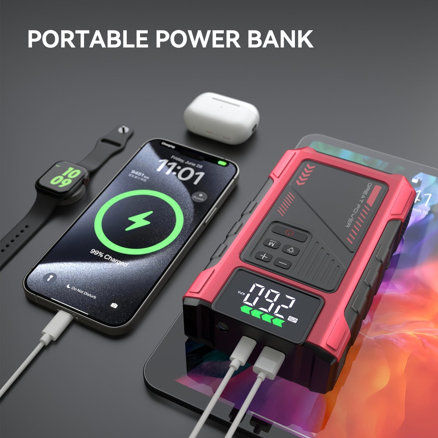 Portable Jump Starter 3000A Peak Power Car Compressor