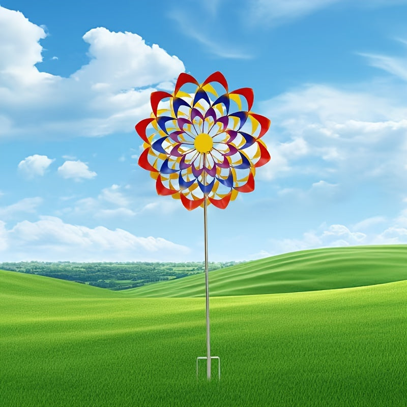 Vibrant Rainbow Metal Windmill Sculpture Rotating Garden Stake