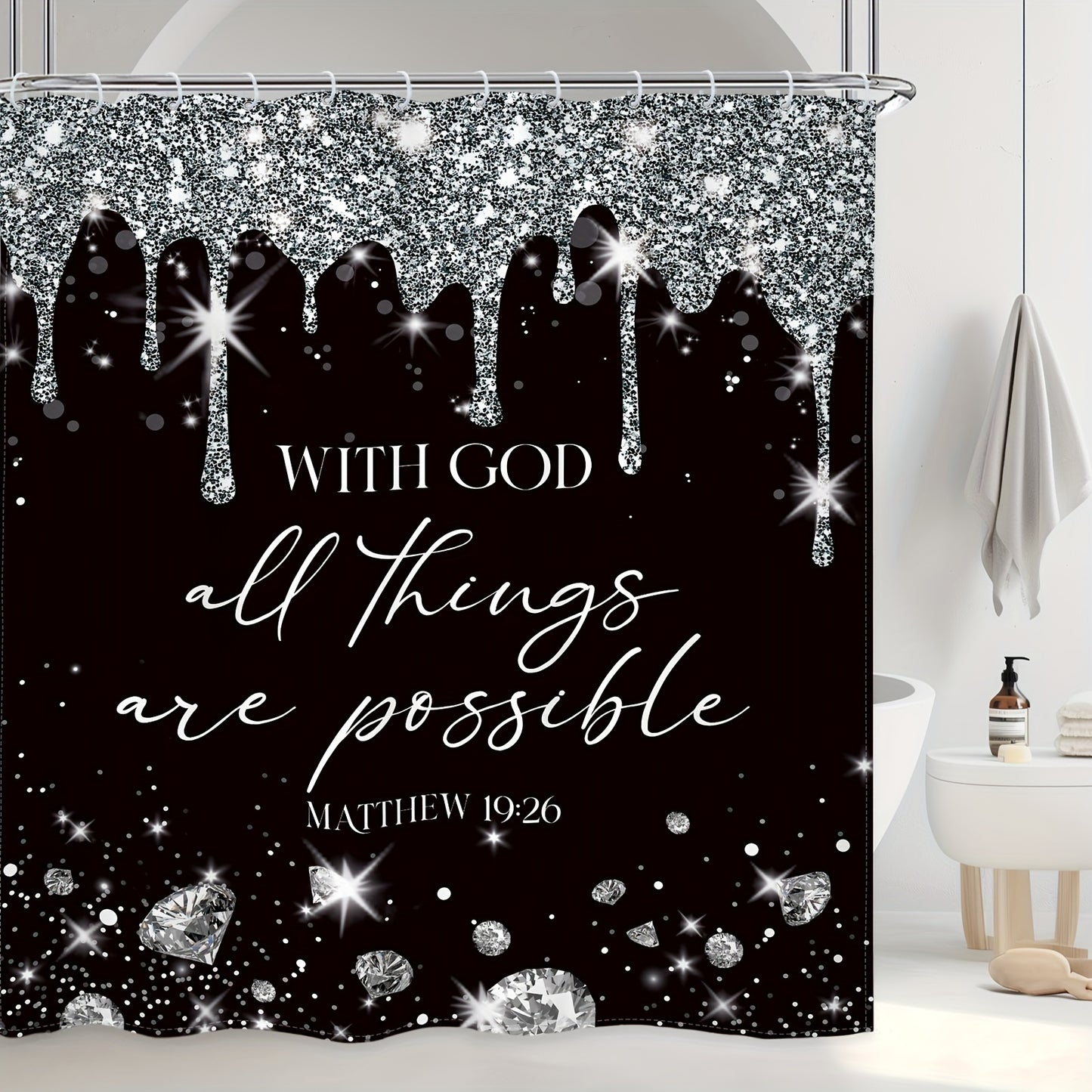 1pc/4pcs Black Silvery Diamond Quote Bathroom Set Decor