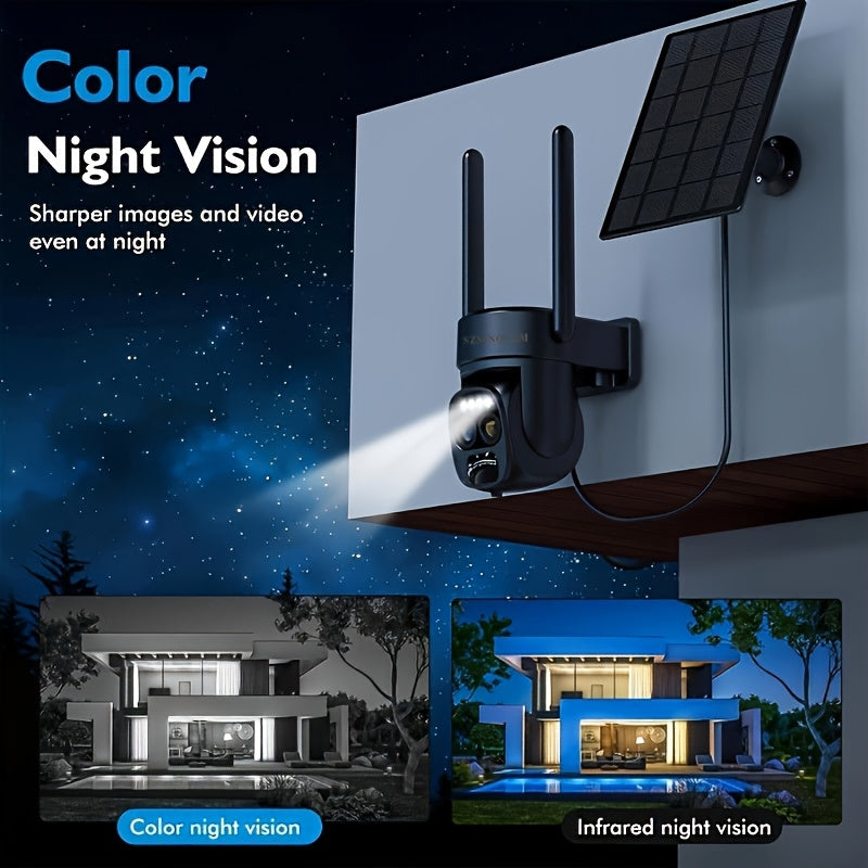 Security Camera With Solar Panel, PTZ HD System, Dual Lens