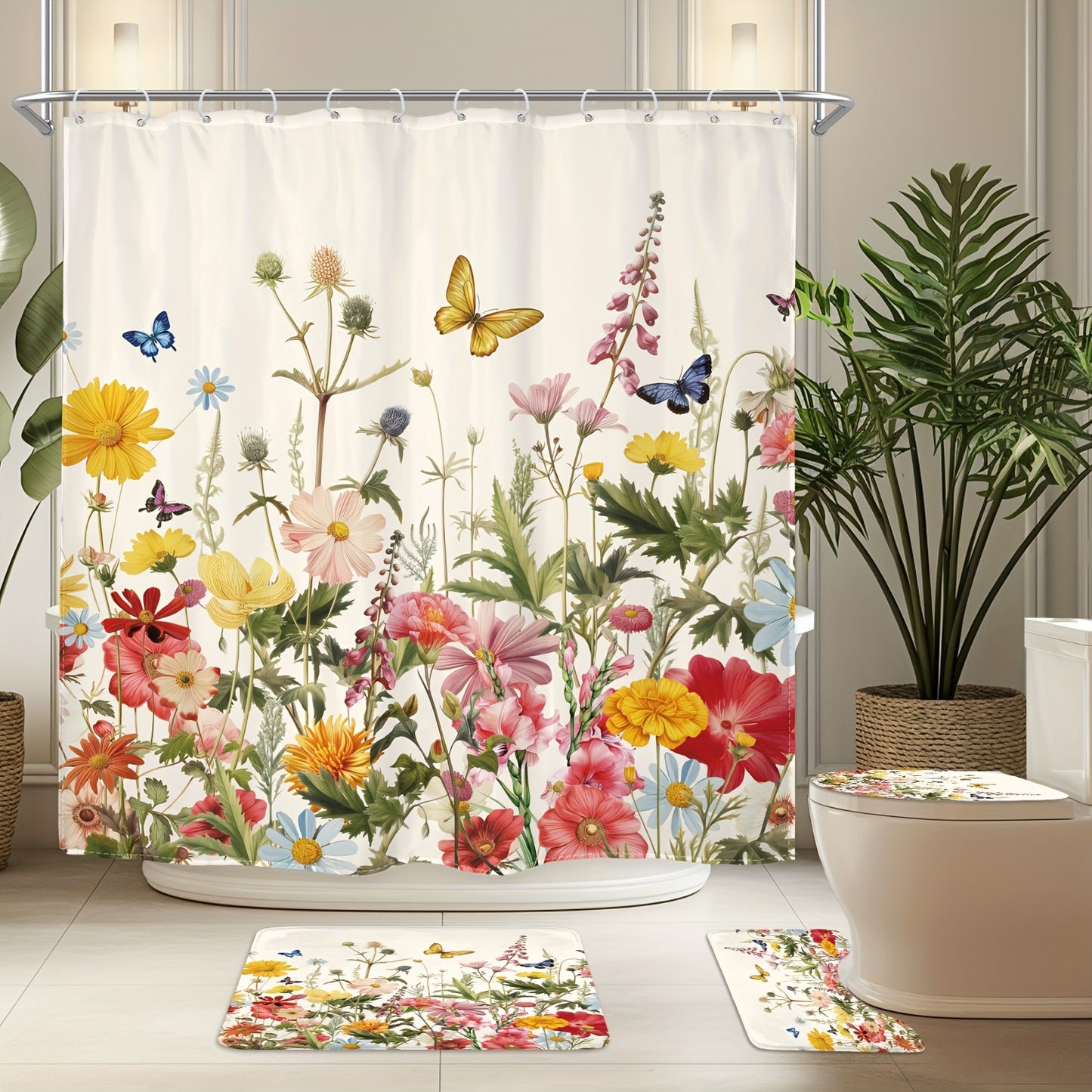 1/4pcs - Wildflower Shower Set Including Curtain Hooks 3 Mats