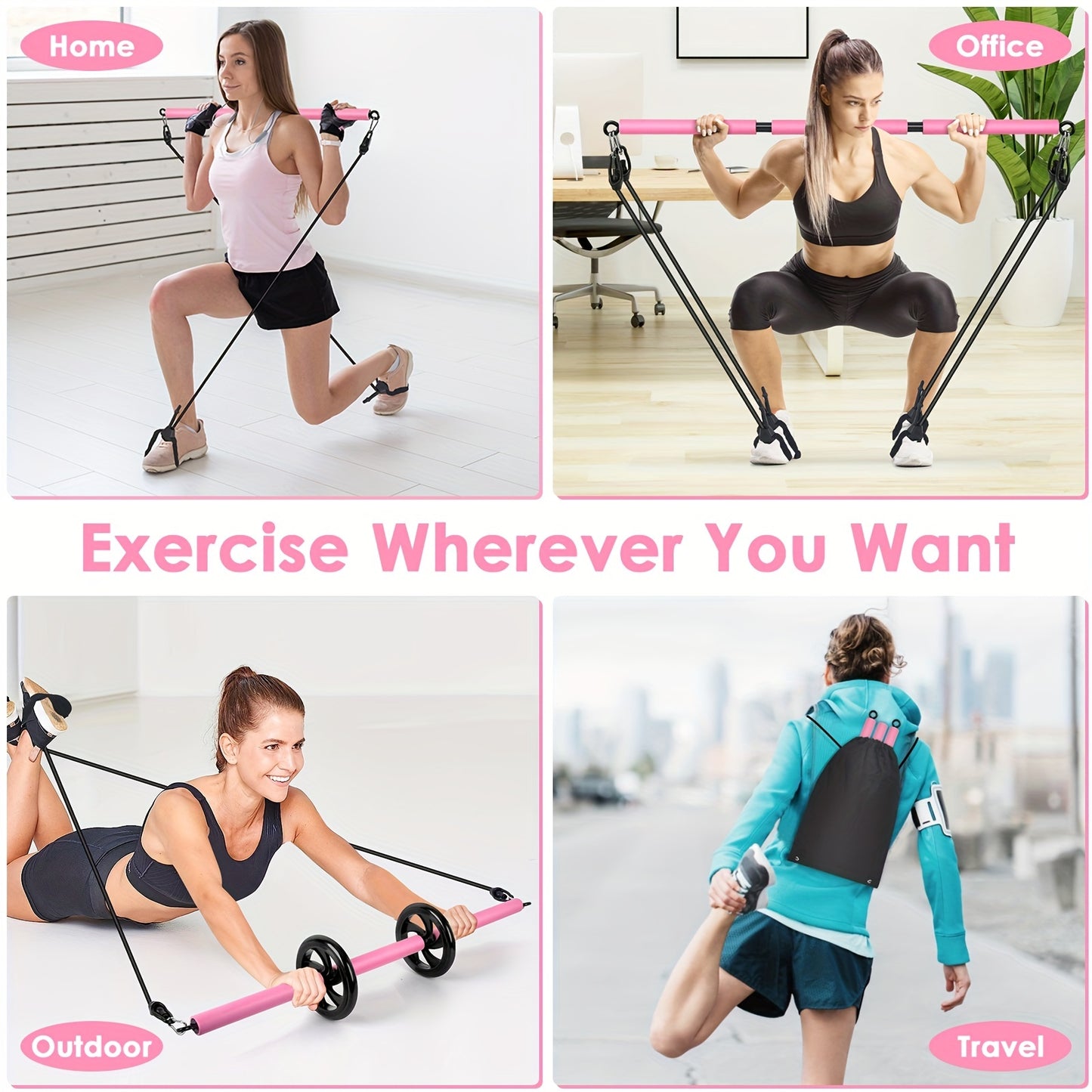 Adjustable Pilates Bar Kit - 3-Section Bar with Bands
