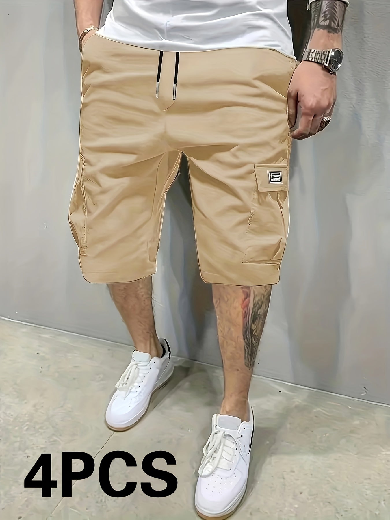 4 Pack Men's Casual Cargo Shorts Solid Color 100 Percent Polyester Non Stretch Woven Fabric Loose Fit Summer Fashion
