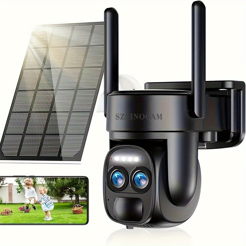 Security Camera With Solar Panel, PTZ HD System, Dual Lens
