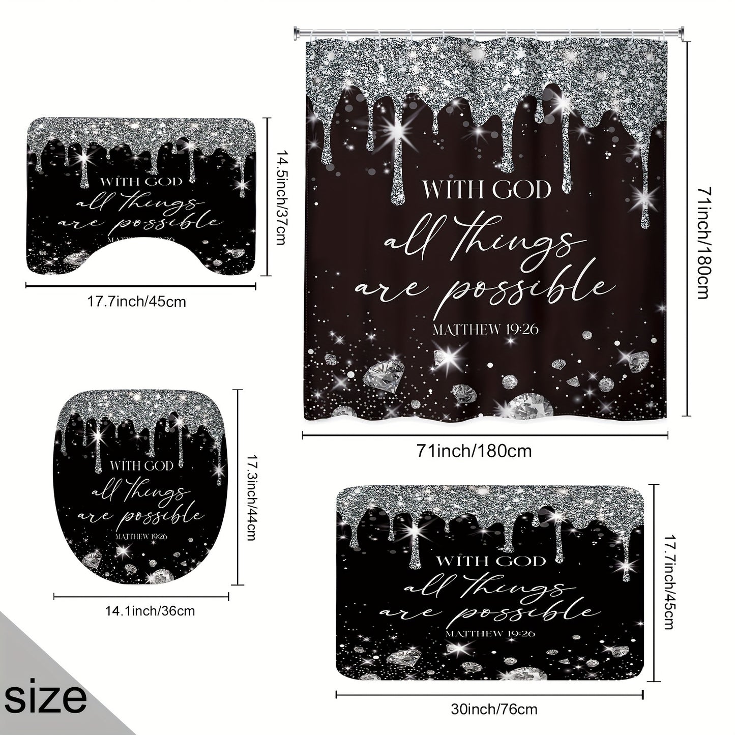 1pc/4pcs Black Silvery Diamond Quote Bathroom Set Decor