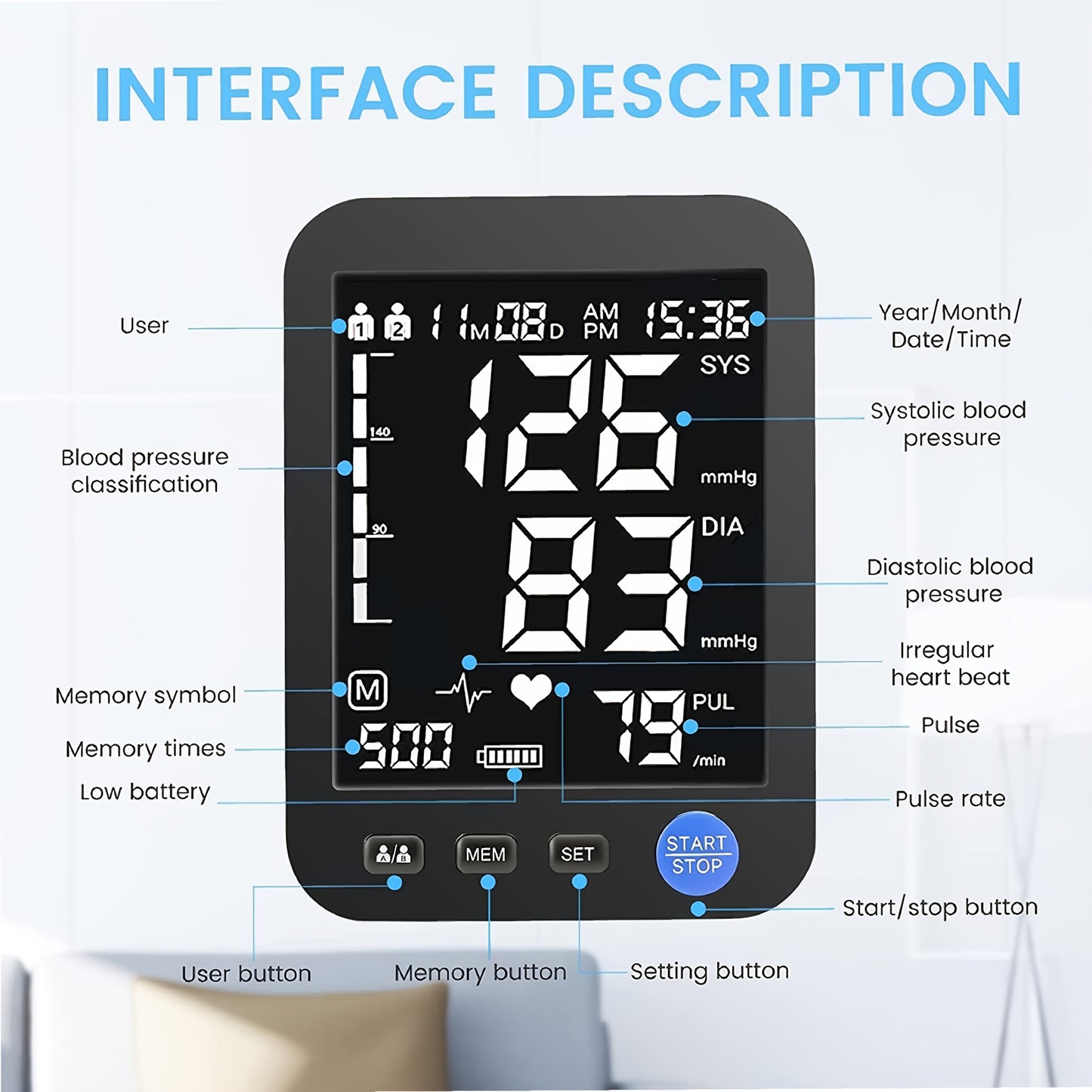 Automatic Blood Pressure Monitor with Adjustable Cuff 22-42 Inch LCD Display USB Powered Home Health Device for Adults
