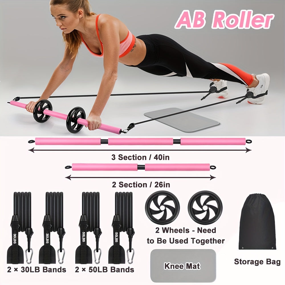 Adjustable Pilates Bar Kit - 3-Section Bar with Bands