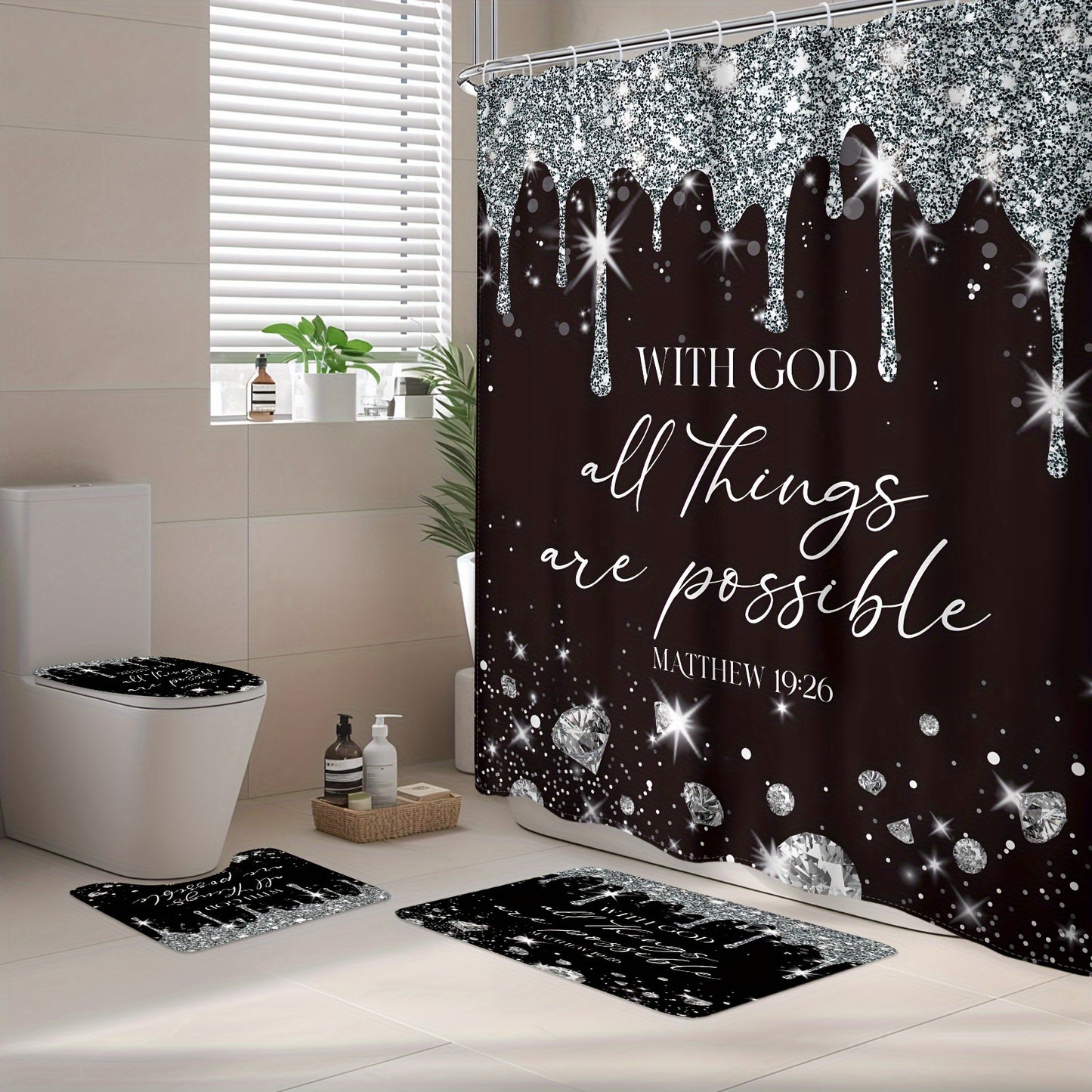 1pc/4pcs Black Silvery Diamond Quote Bathroom Set Decor