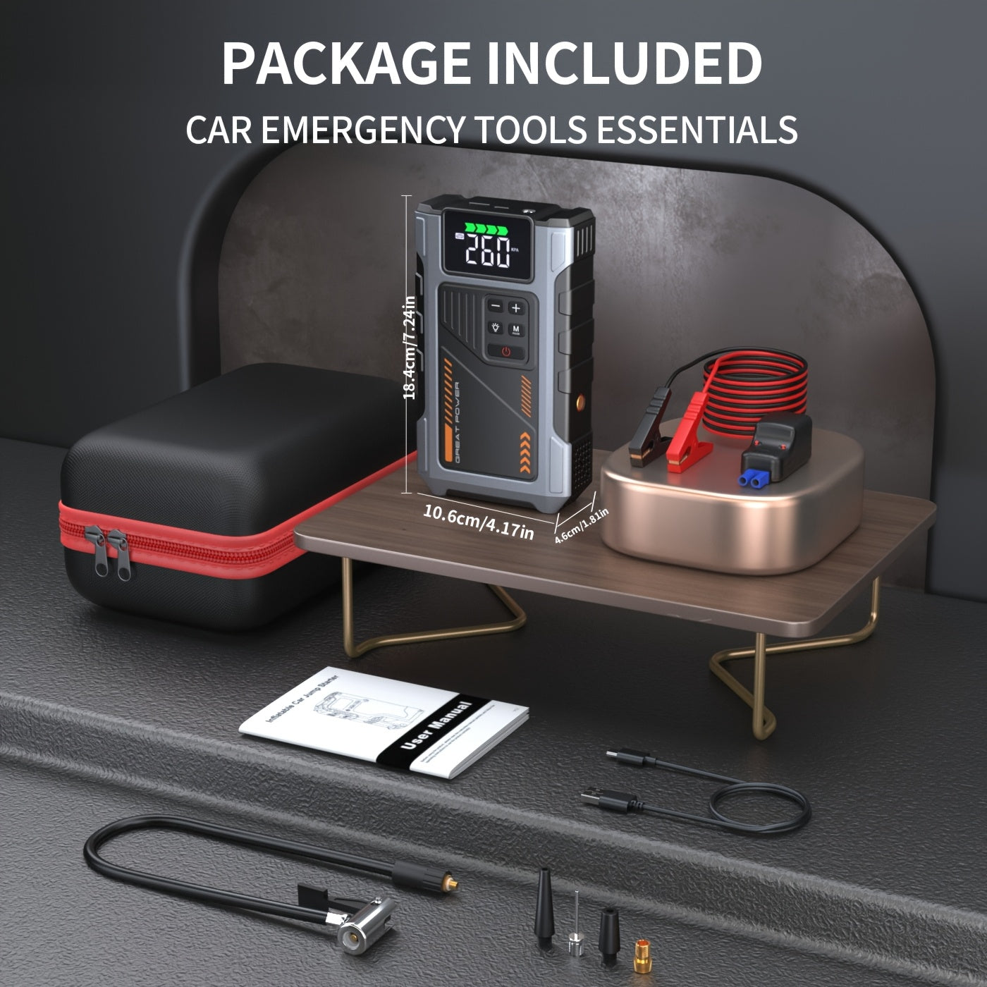 Portable Jump Starter 3000A Peak Power Car Compressor
