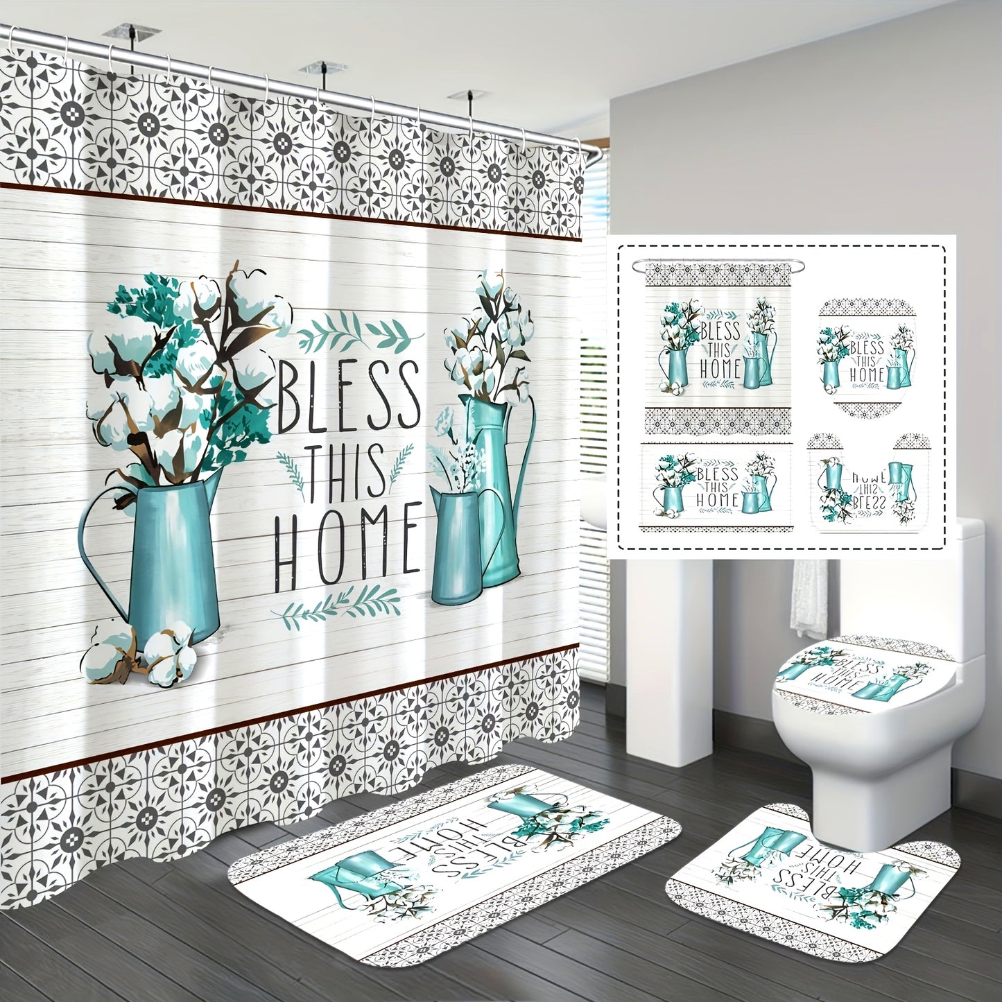 4 Pieces Luxury Shower Curtain Set with 12 Hooks Anti Slip Bath Mat U Shape Contour Rug and Toilet Lid Cover Elegant Bathroom Decor Essentials