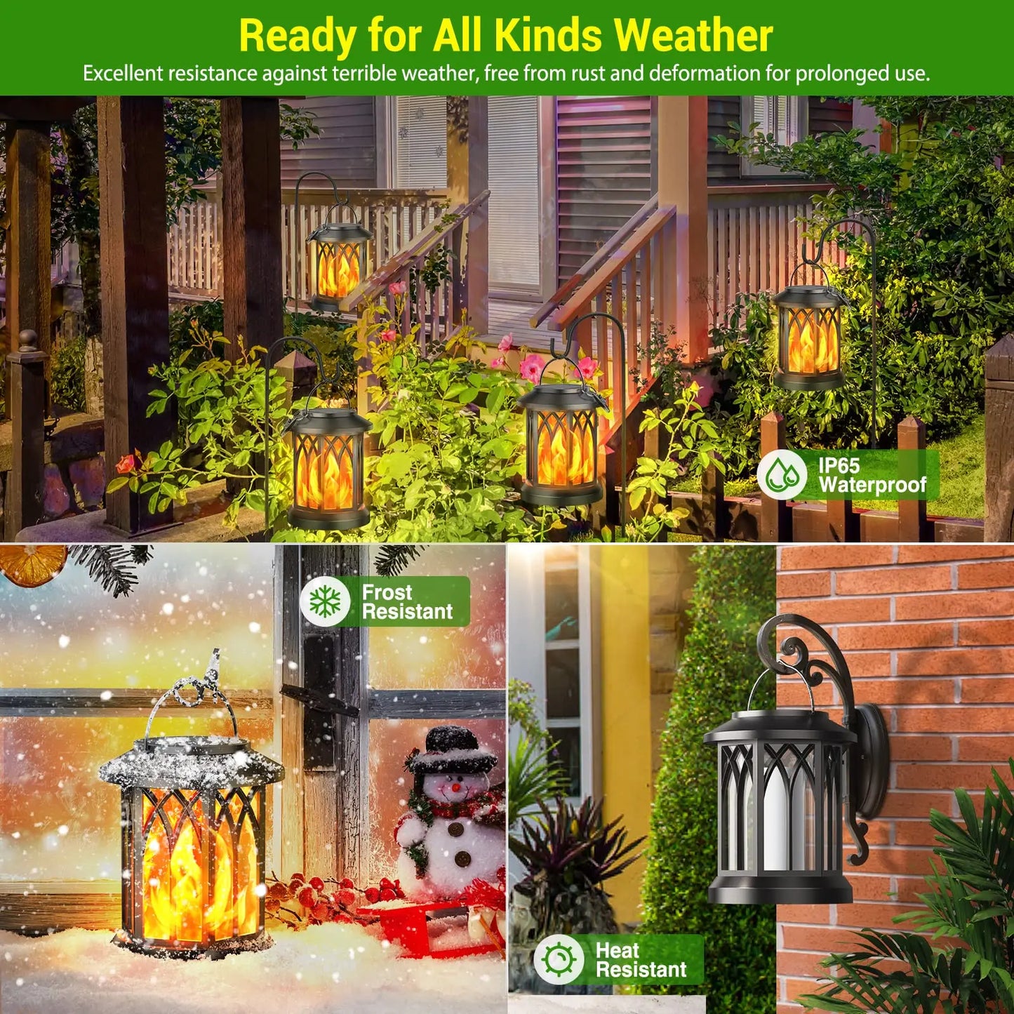4 Pack Solar Lanterns With Flickering Flame Outdoor Lights Waterproof