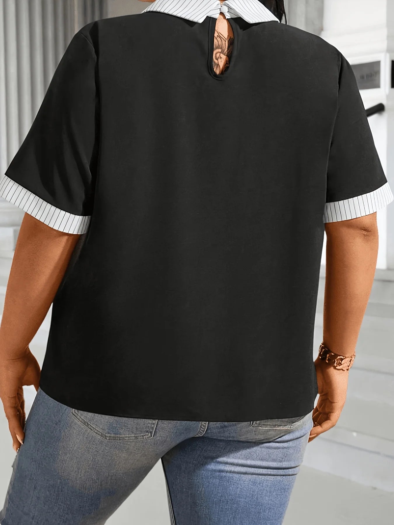 Striped Lapel Faux Two Piece Short Sleeve Top V Neck