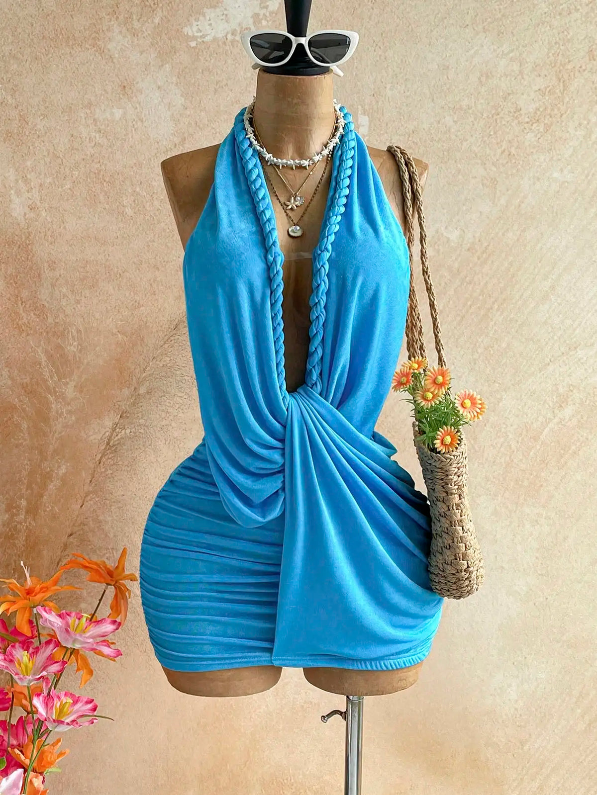 Women Backless Halter Mini Dress for Beach Vacation