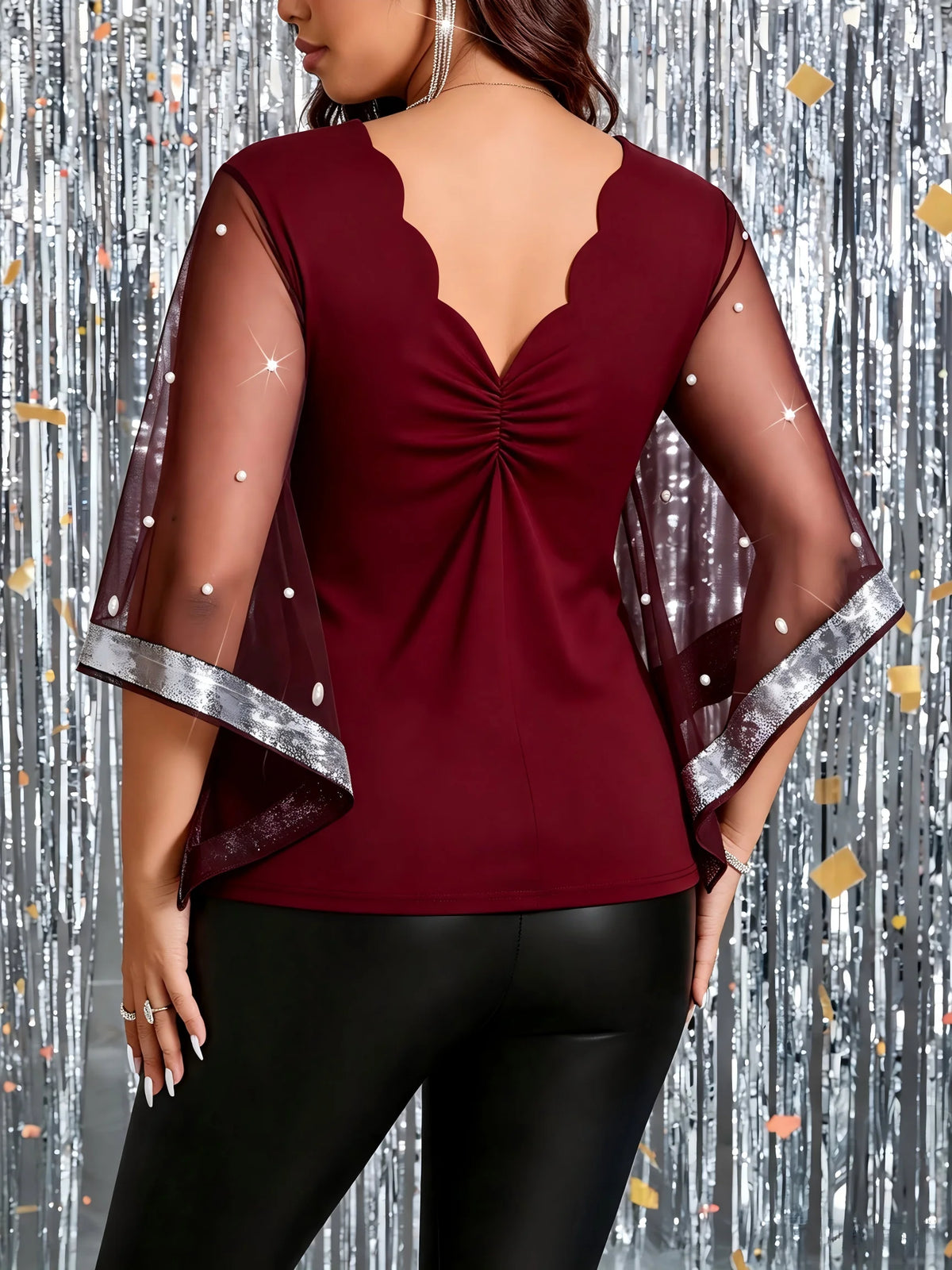 Women's Scalloped V Neck Mesh Bell Sleeve Beaded Evening Blouse