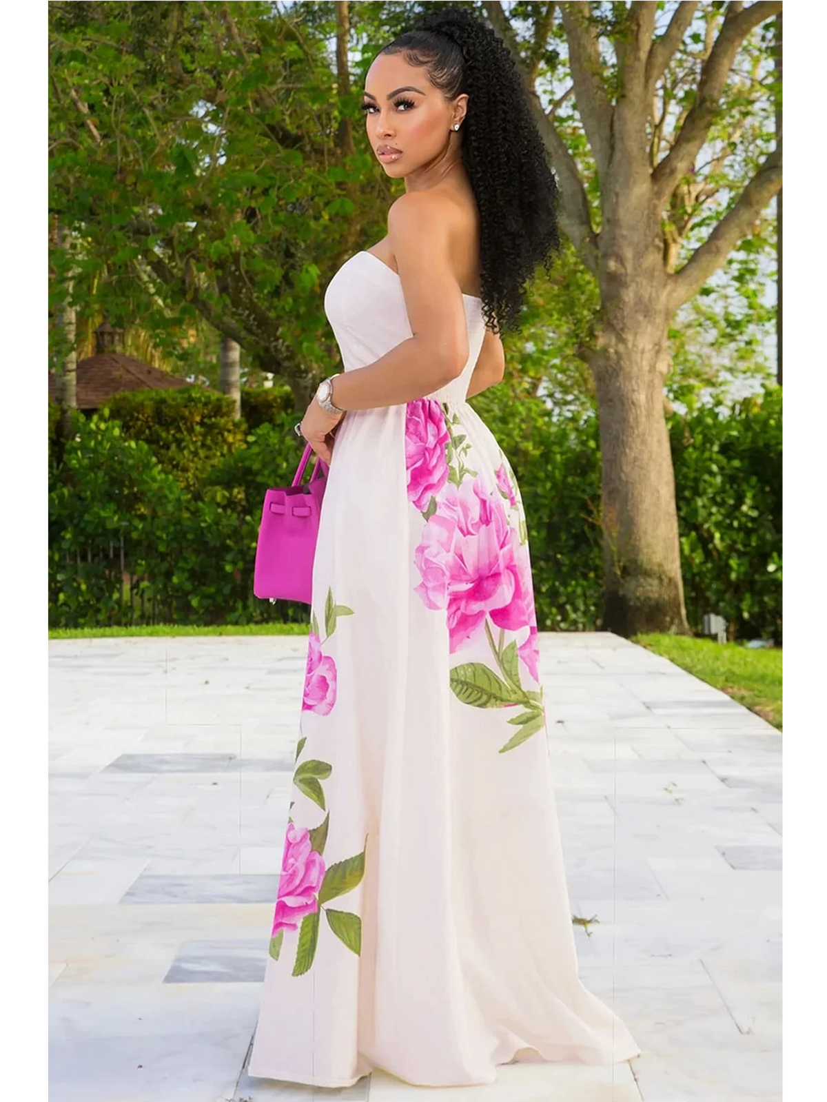 Floral Print Strapless Maxi Dress For Wedding Vacation