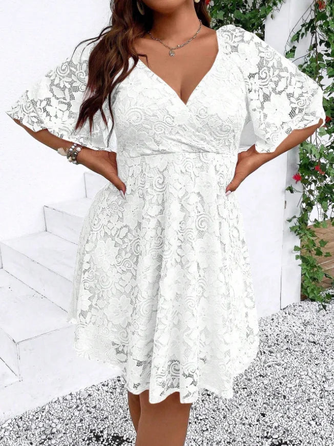 Womens Lace Aline Dress With Vneck And Cross Over Waist