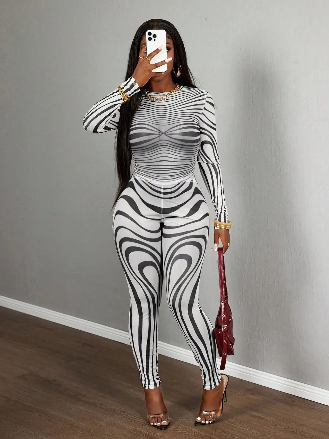 Mesh Zebra Print Bodycon Two Piece Set Long Sleeve