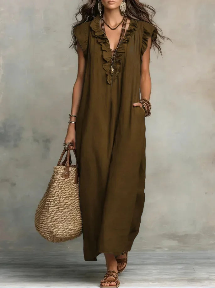 Bohemian Linen Maxi Dress With Ruffle V Neck Pockets