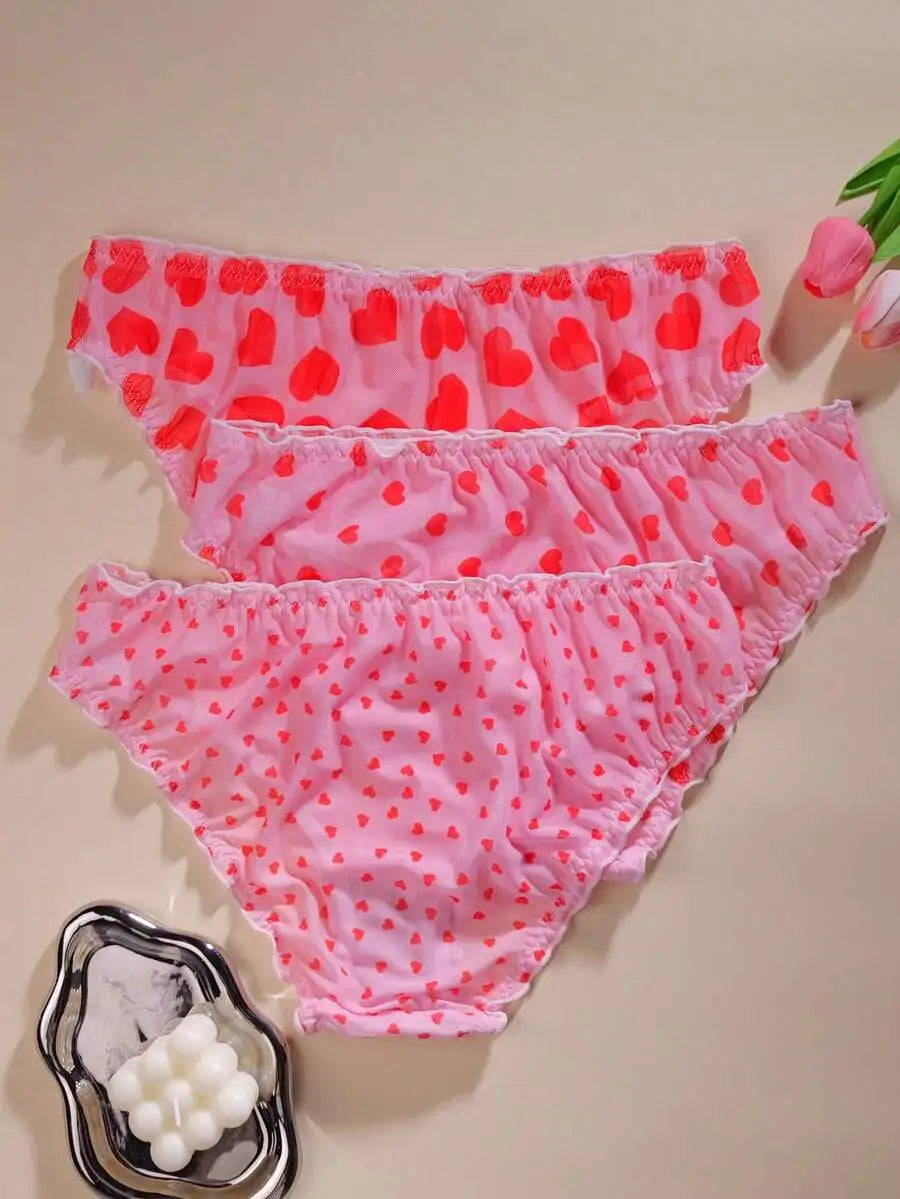 Womens Panties With Bow and Ruffle Trim Heart Print