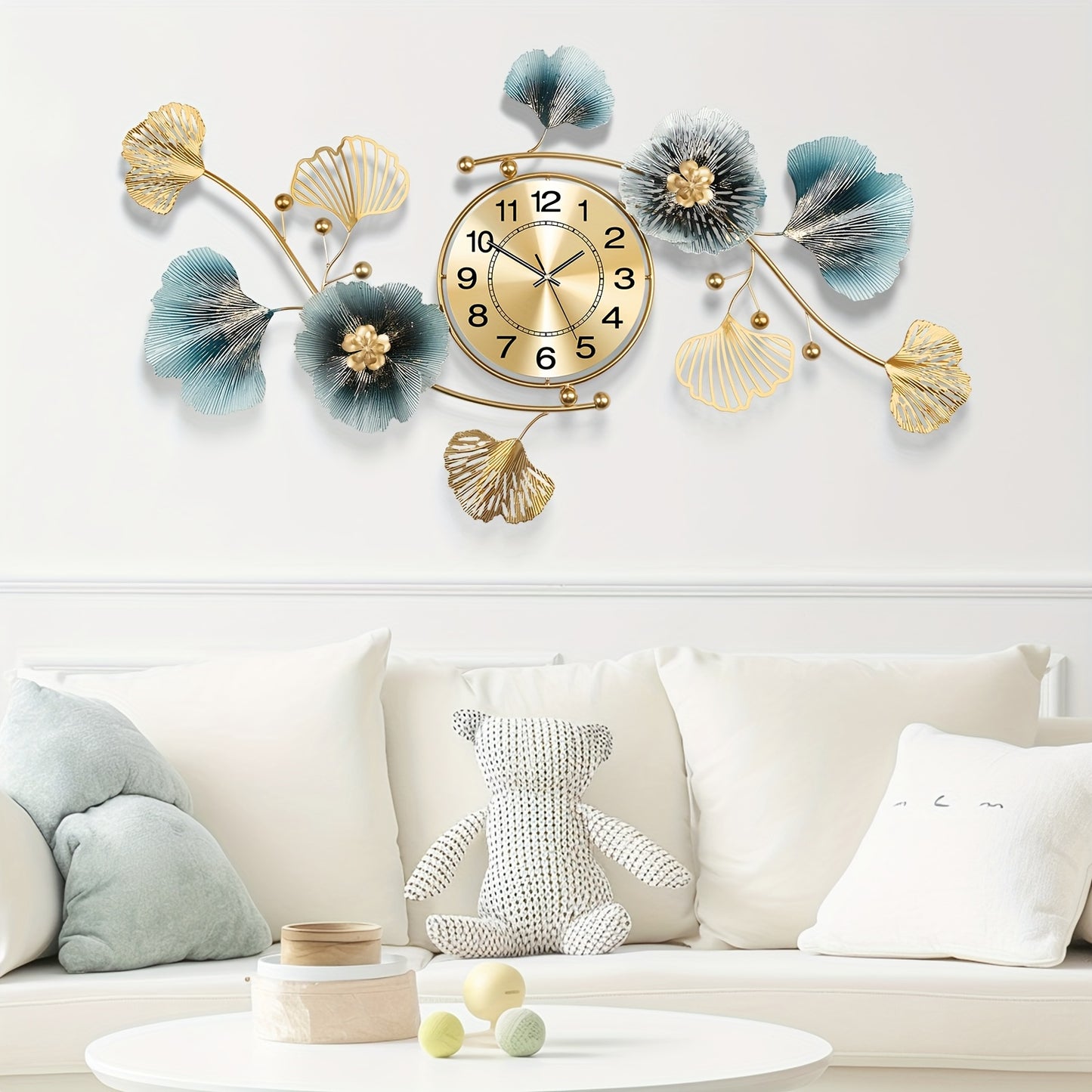 36.24 Inch Living Room Clock Silent Sports Battery Powered Ginkgo Leaf Metal Clock Two Sets of Clock Needles Decorative Clock for Bedrooms Offices and Homes
