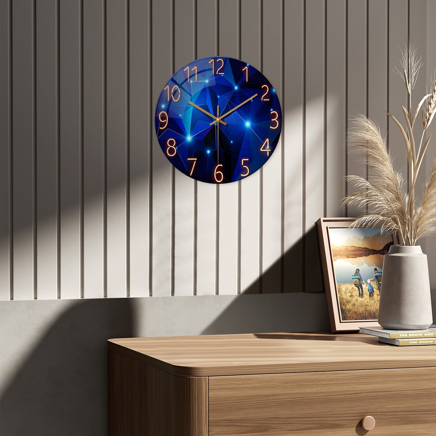 16 Inch Dreamy Deep Blue Geometric Large Tempered Glass Wall Clock Battery Operated Silent Design Perfect for Living Rooms Bedrooms and Home Decoration