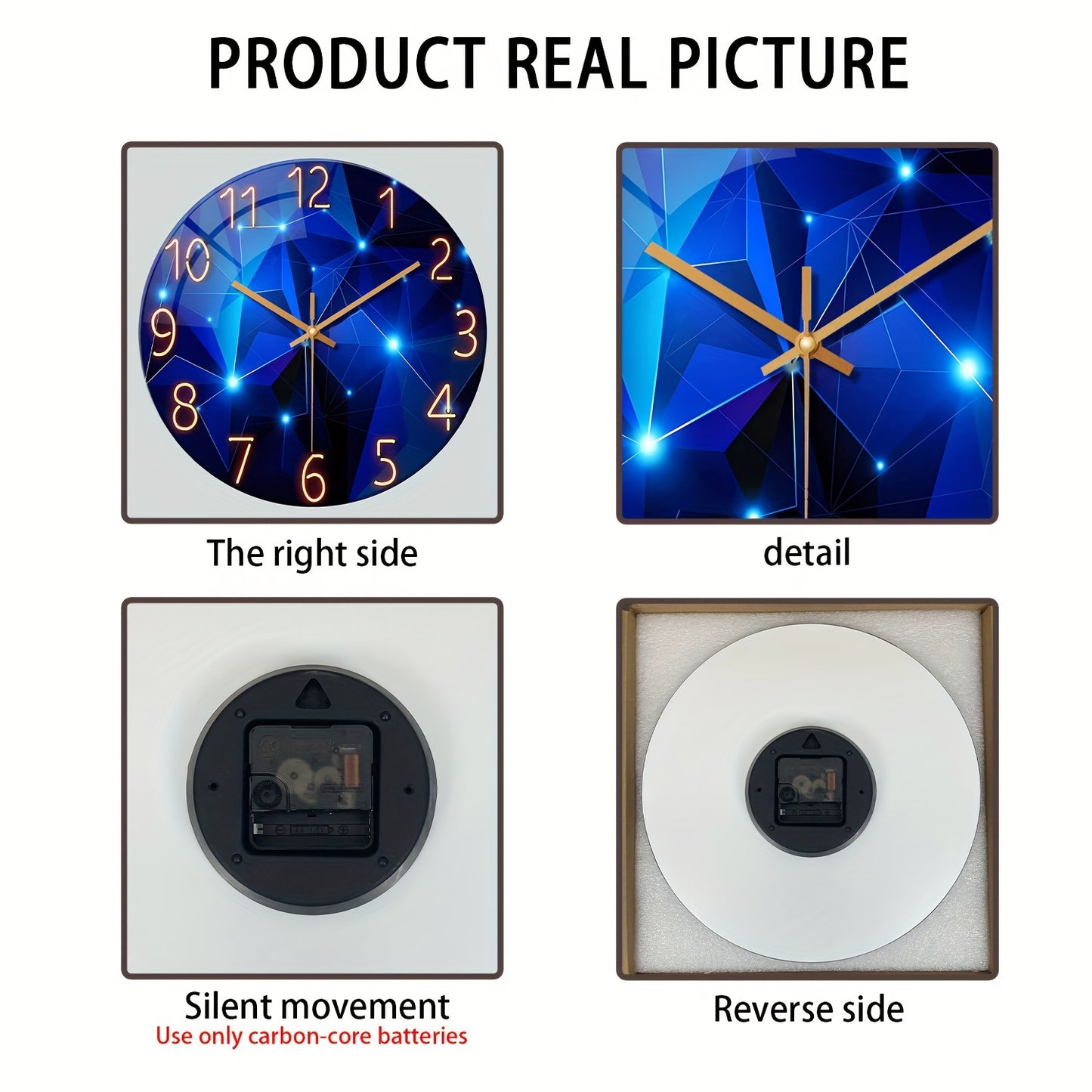 16 Inch Dreamy Deep Blue Geometric Large Tempered Glass Wall Clock Battery Operated Silent Design Perfect for Living Rooms Bedrooms and Home Decoration