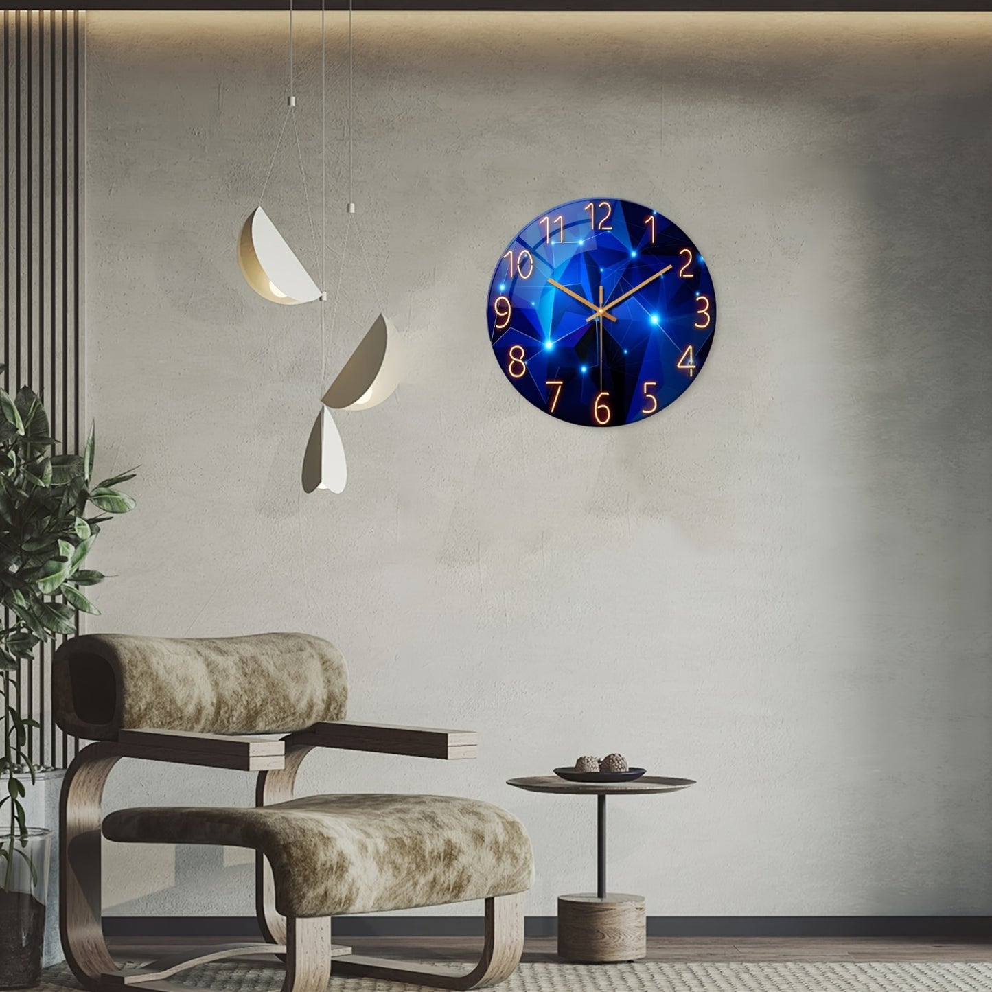 16 Inch Dreamy Deep Blue Geometric Large Tempered Glass Wall Clock Battery Operated Silent Design Perfect for Living Rooms Bedrooms and Home Decoration
