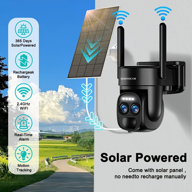 Security Camera With Solar Panel, PTZ HD System, Dual Lens