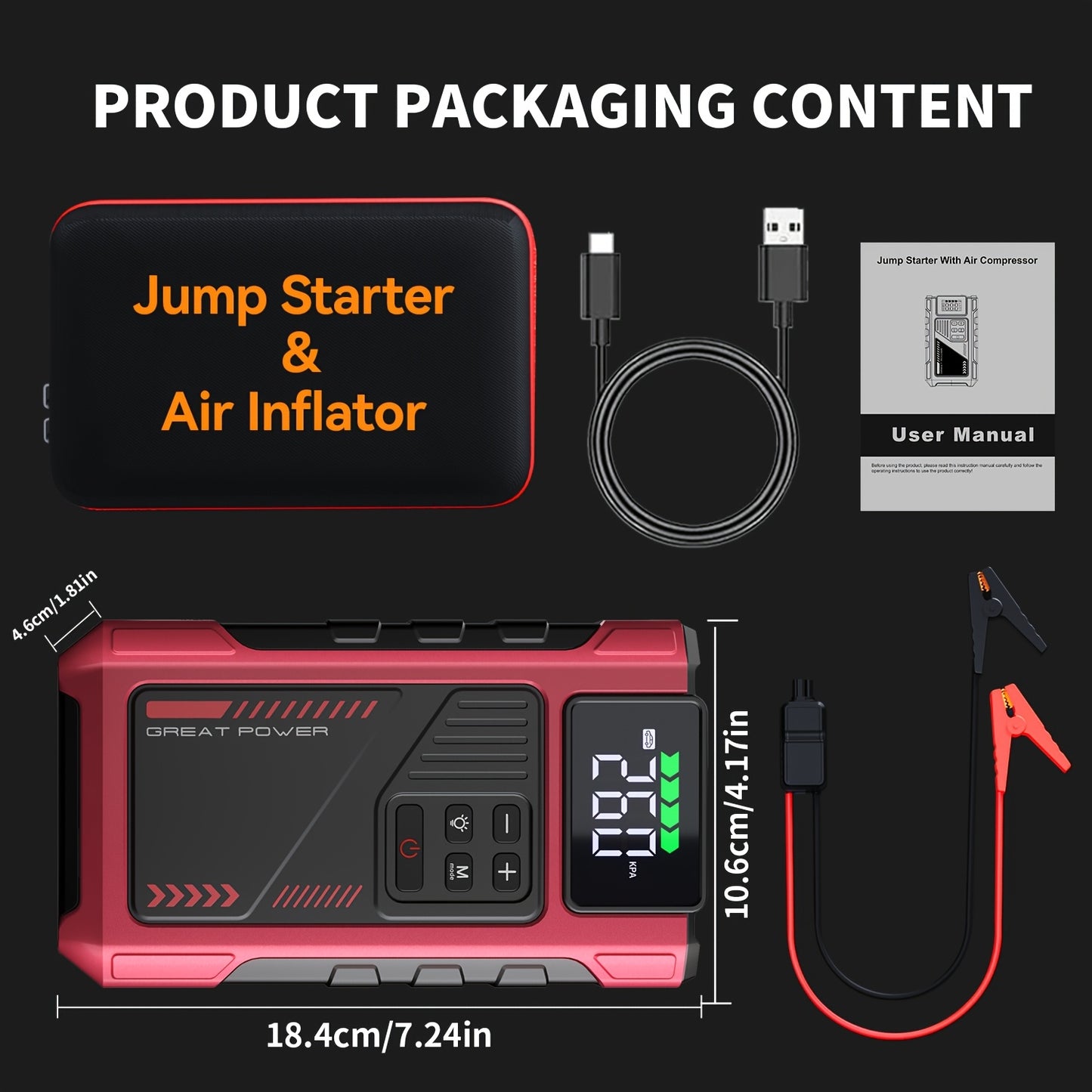 Portable Jump Starter 3000A Peak Power Car Compressor