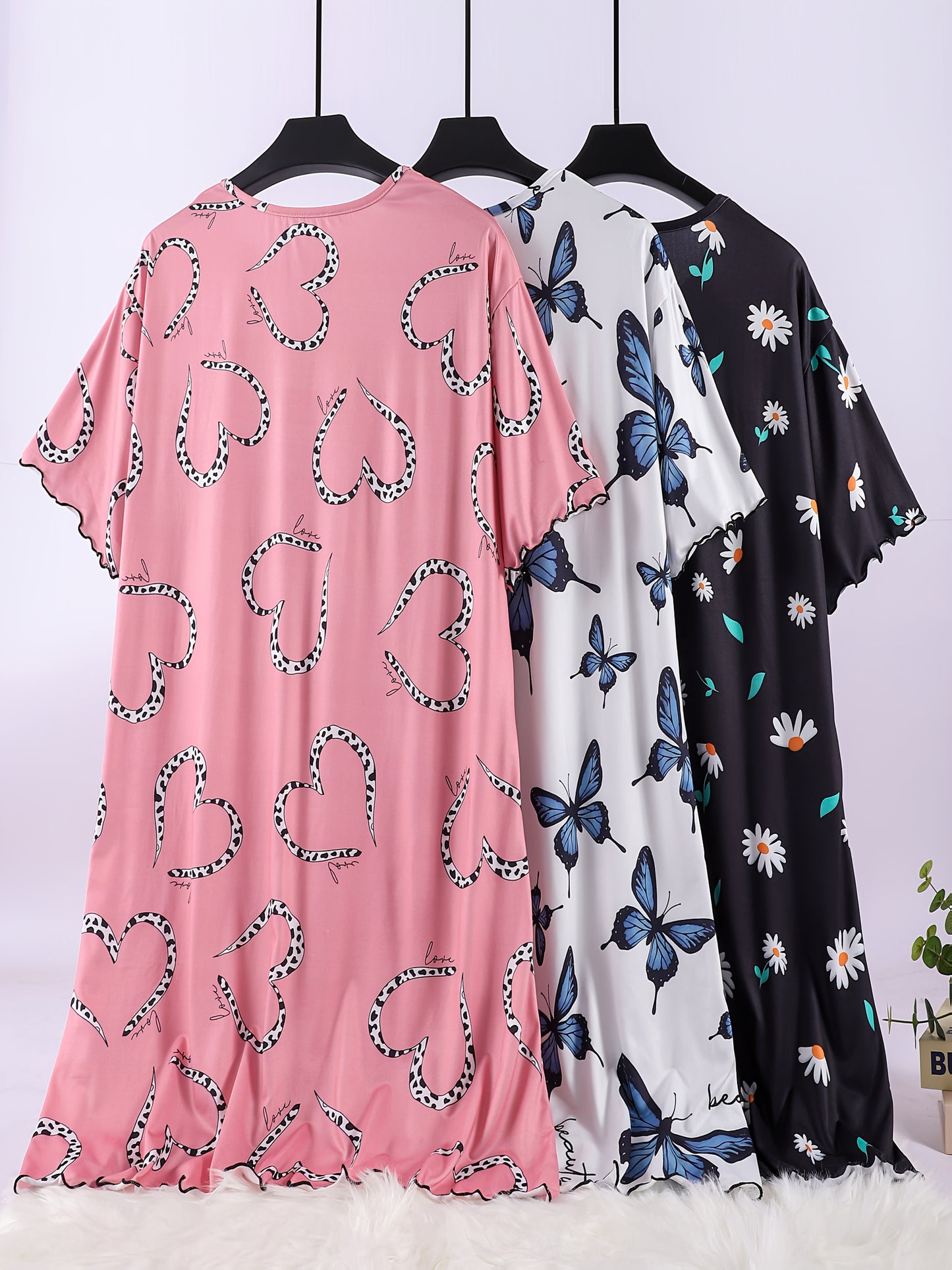 3pcs Women's Plus Size Sleep Dresses - Comfy/Stretchy, Floral/Butterfly Prints