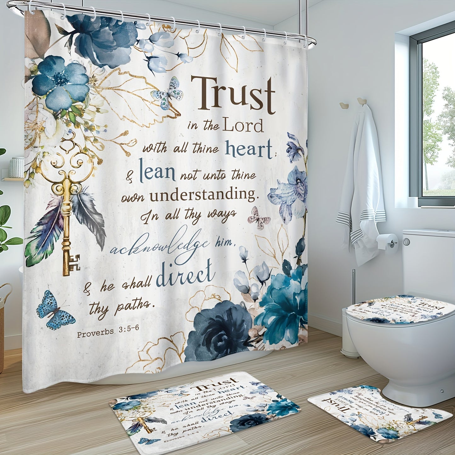 1/4pcs Teal Flower Scripture Shower Curtain Set with Hooks Mats