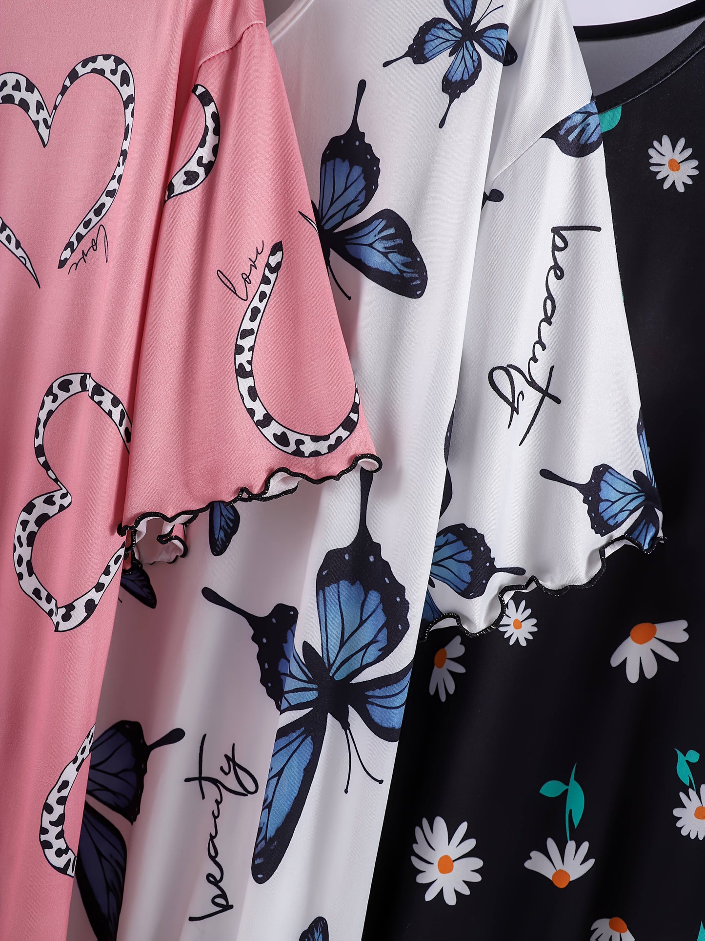 3pcs Women's Plus Size Sleep Dresses - Comfy/Stretchy, Floral/Butterfly Prints