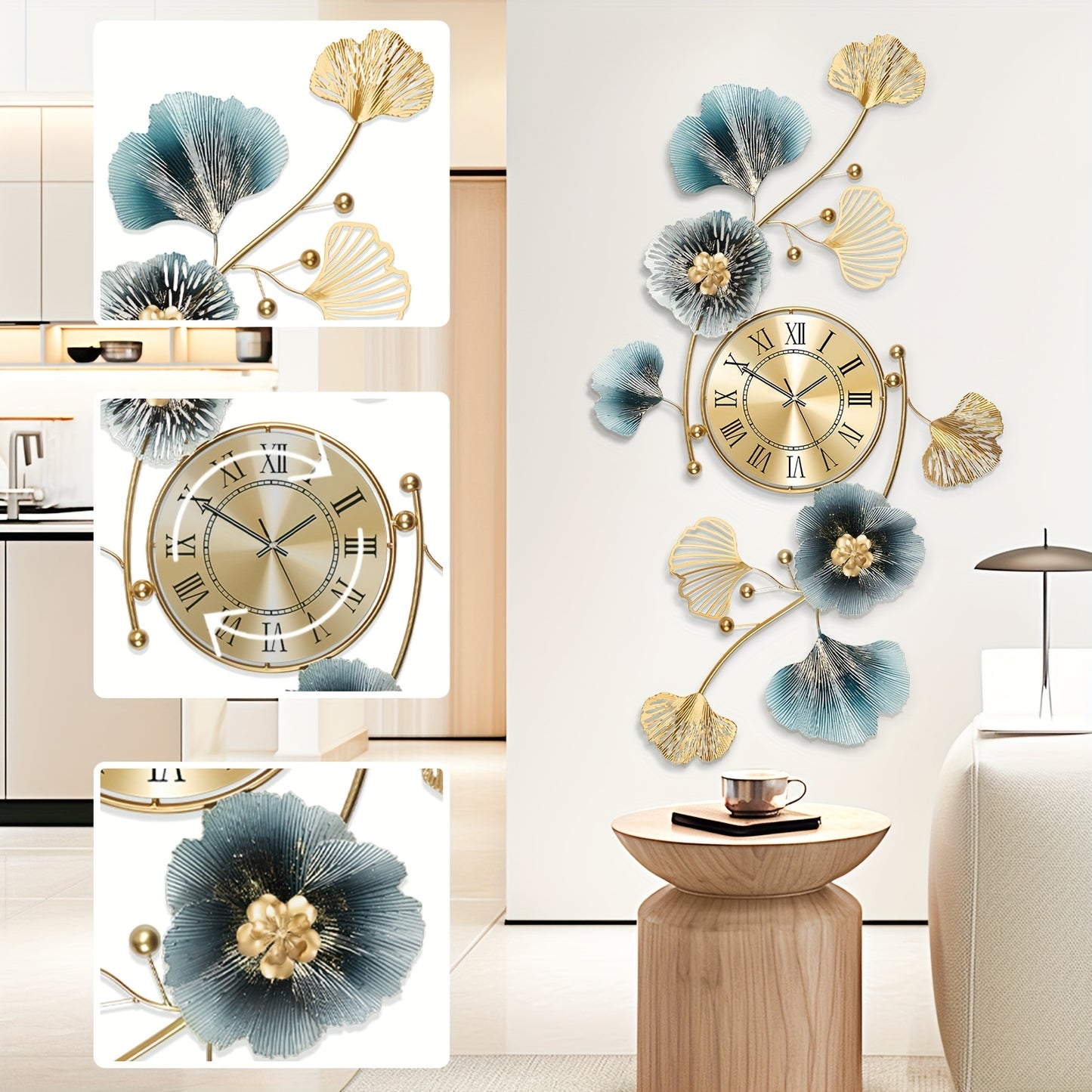 36.24 Inch Living Room Clock Silent Sports Battery Powered Ginkgo Leaf Metal Clock Two Sets of Clock Needles Decorative Clock for Bedrooms Offices and Homes