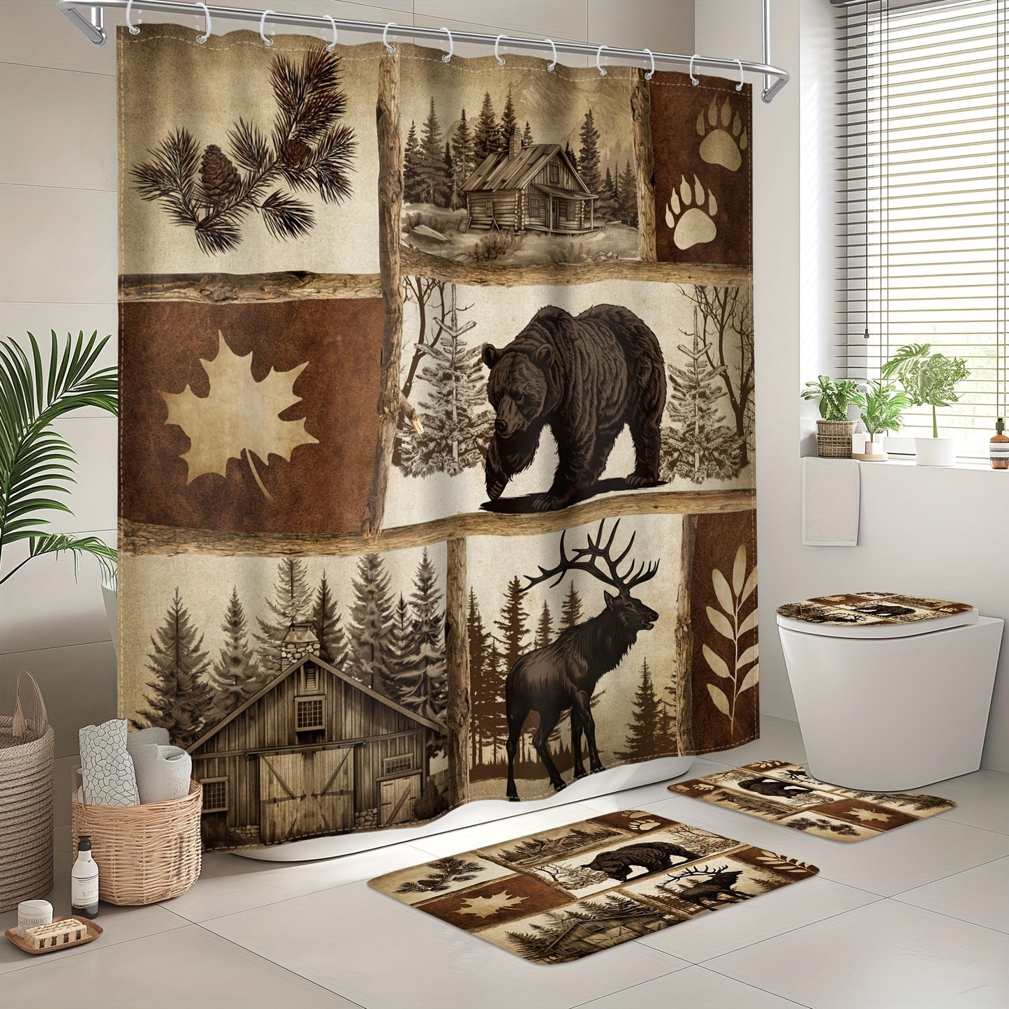 1/4pcs - Shower Curtain Set With Floor Mat And Toilet Mat