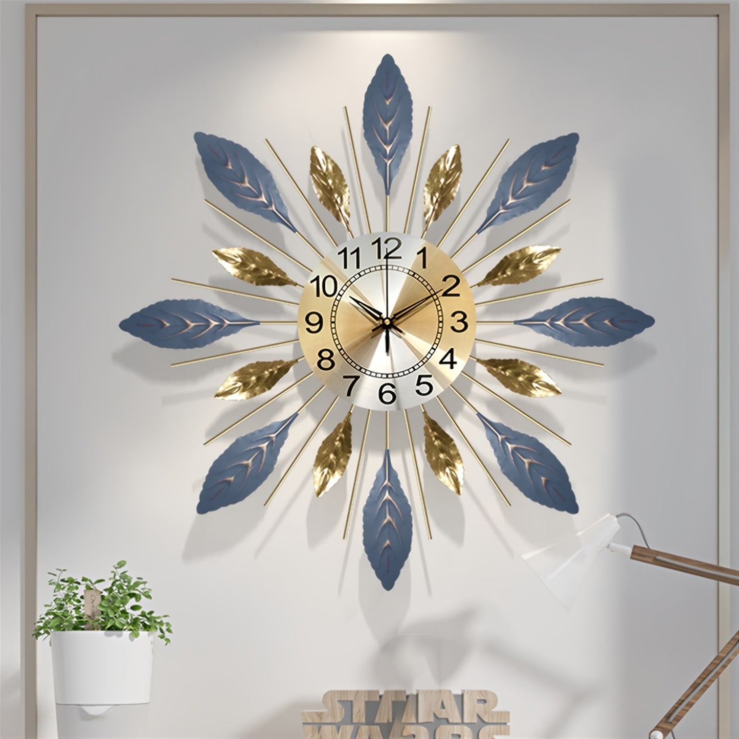 Golden Blue Metal Leaf Design Clock Silent Non-Ticking