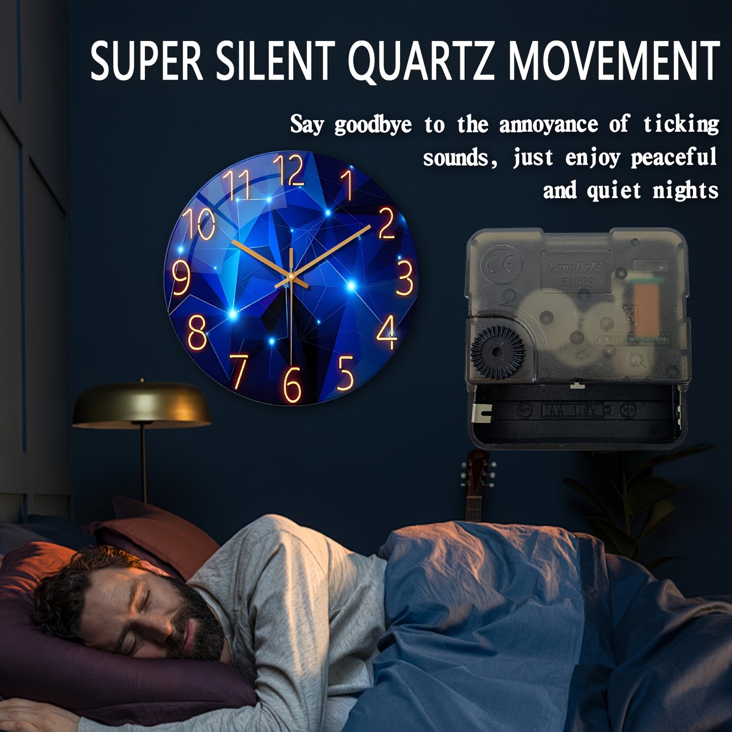 16 Inch Dreamy Deep Blue Geometric Large Tempered Glass Wall Clock Battery Operated Silent Design Perfect for Living Rooms Bedrooms and Home Decoration