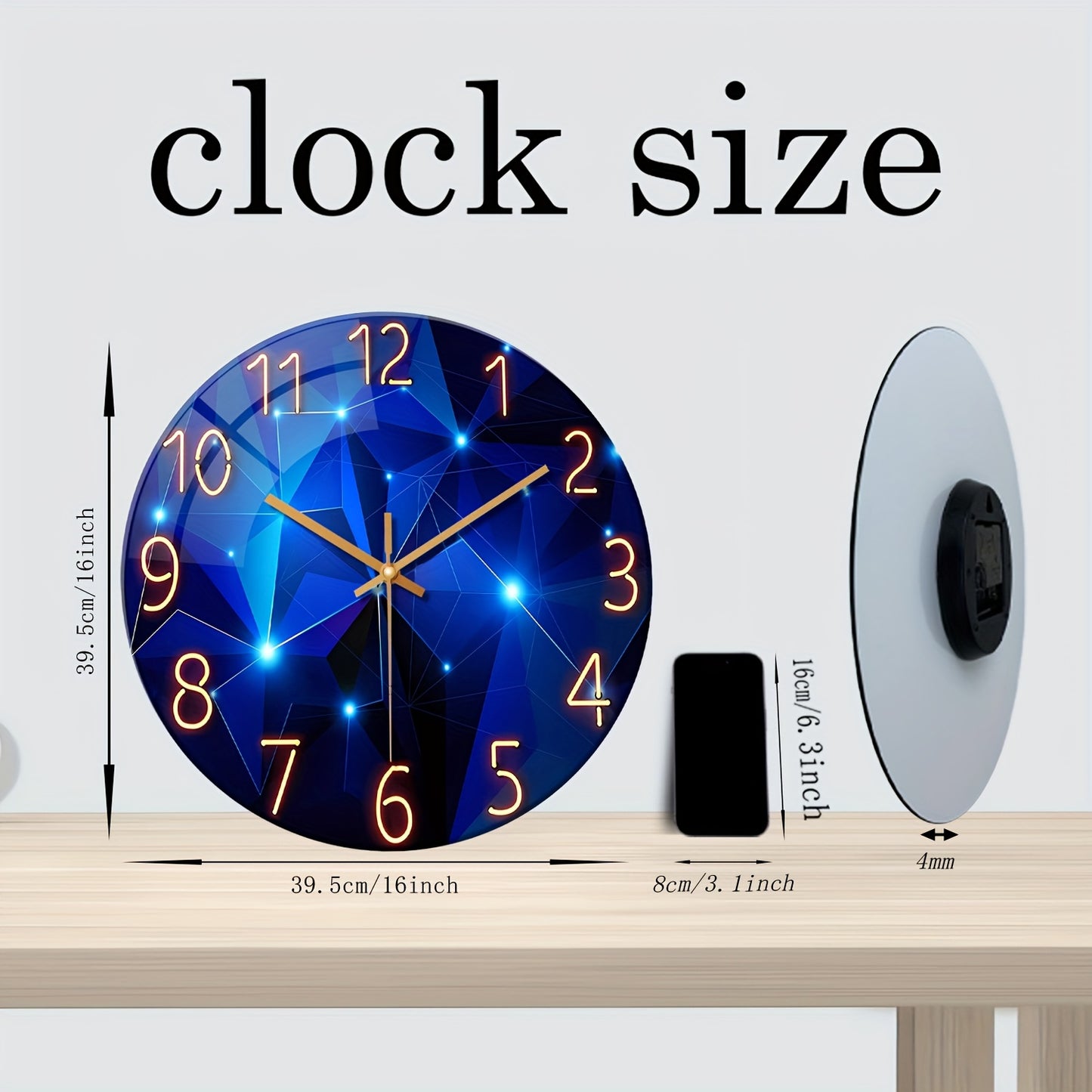 16 Inch Dreamy Deep Blue Geometric Large Tempered Glass Wall Clock Battery Operated Silent Design Perfect for Living Rooms Bedrooms and Home Decoration