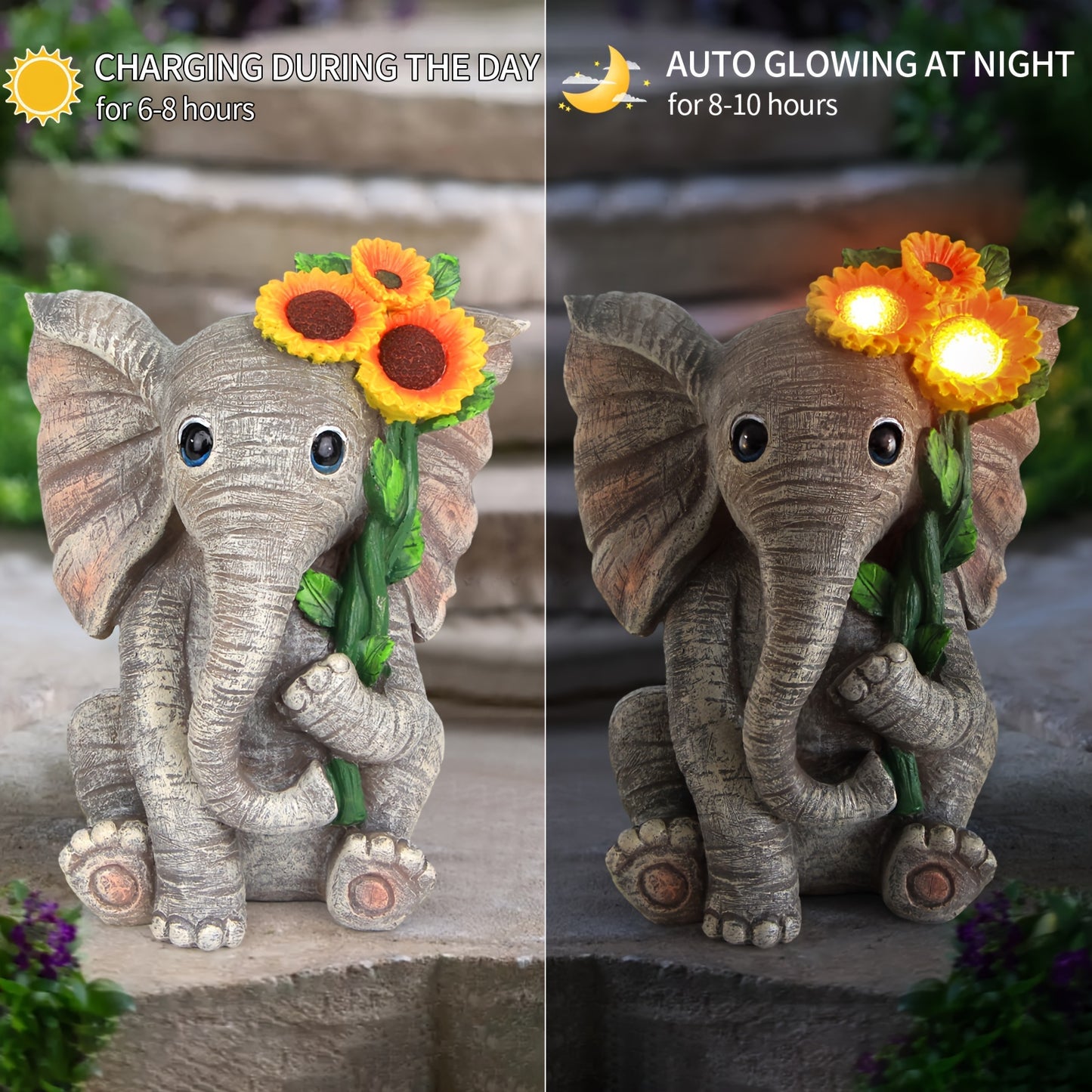 Outdoor Solar Garden Sculpture Figurine Statue Elephant Decor