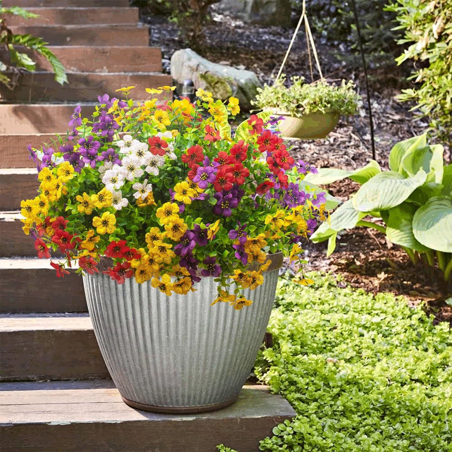 Artificial Fake Flowers for Outdoor Spring Decoration 16 Bundles Faux Silky Colorful Daisy UV Resistant Realistic for Porch Patio Home Yard Garden Planters Pots Window Box Mix