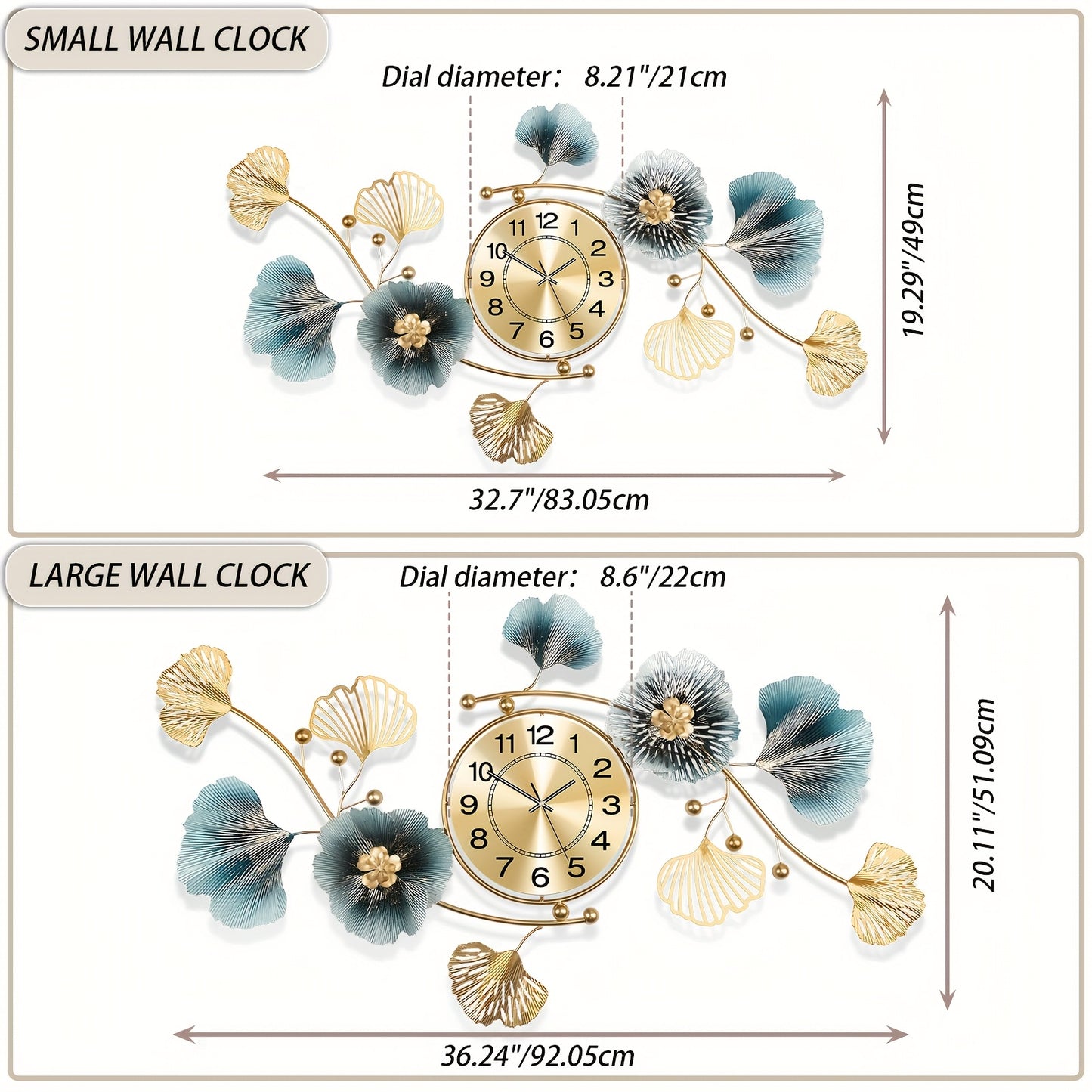 36.24 Inch Living Room Clock Silent Sports Battery Powered Ginkgo Leaf Metal Clock Two Sets of Clock Needles Decorative Clock for Bedrooms Offices and Homes