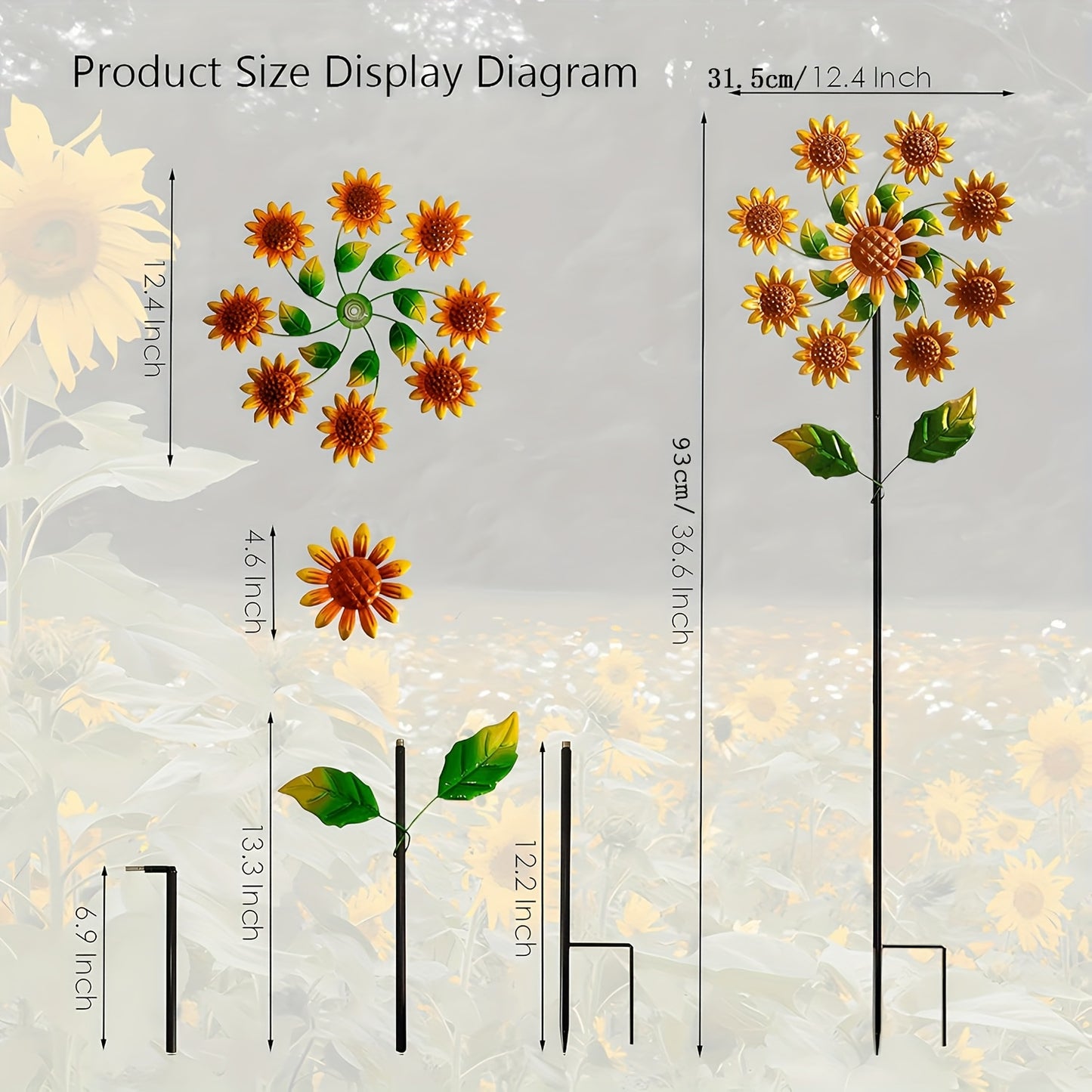 360° Rotating Metal Sunflower Wind Spinner Stake Garden Decor