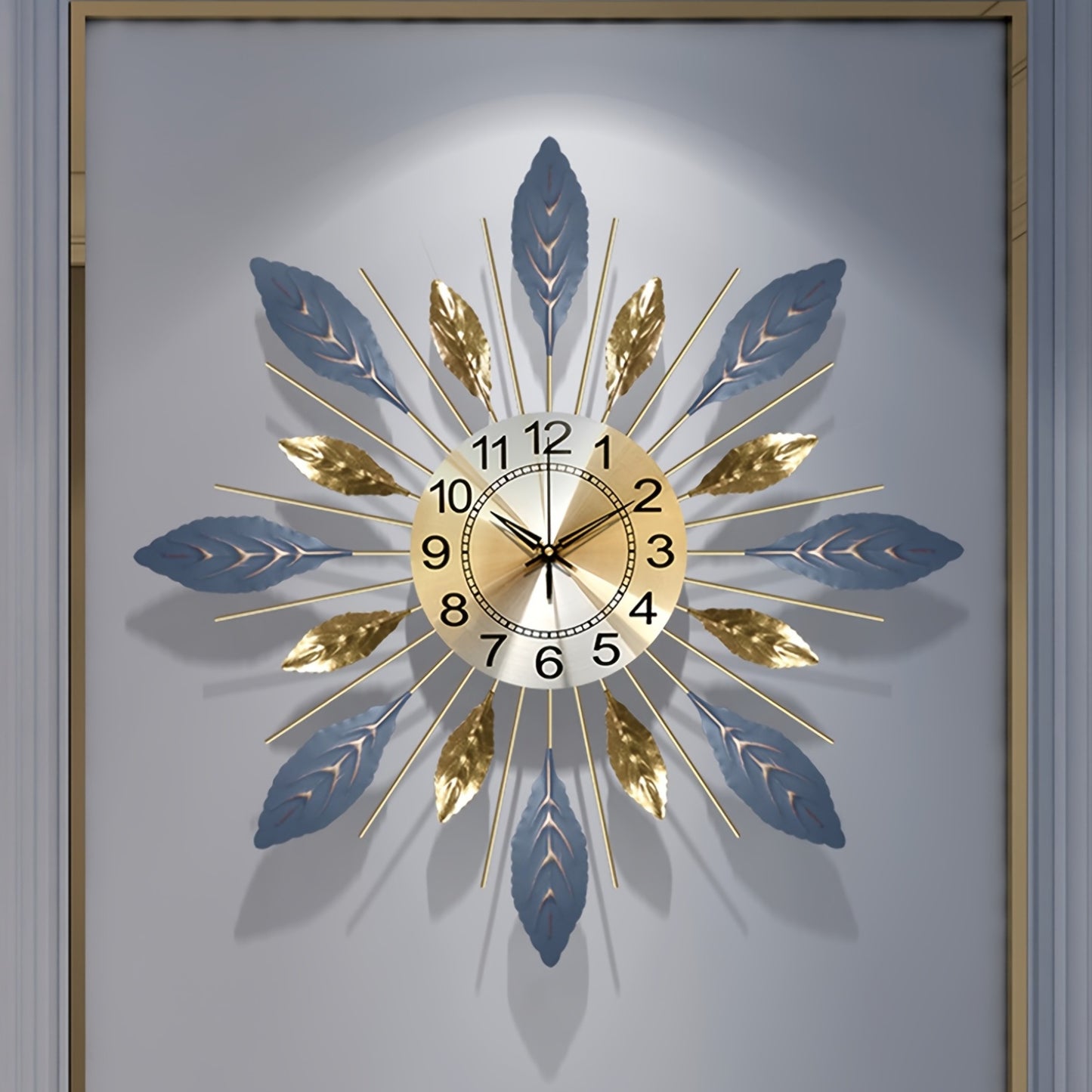 Golden Blue Metal Leaf Design Clock Silent Non-Ticking