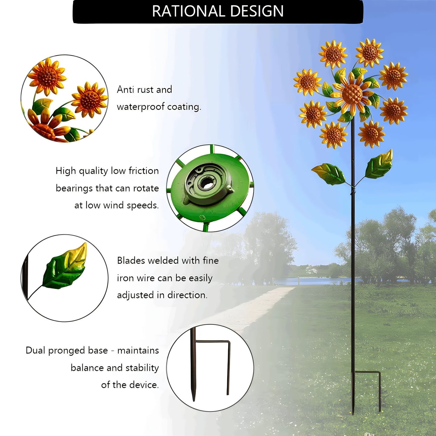 360° Rotating Metal Sunflower Wind Spinner Stake Garden Decor