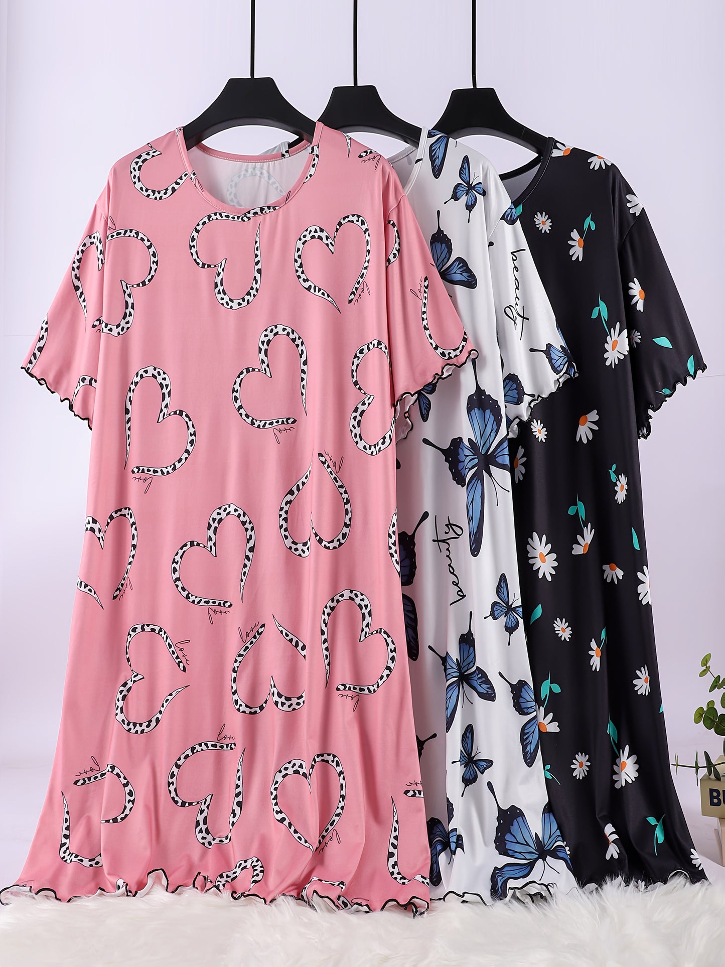3pcs Women's Plus Size Sleep Dresses - Comfy/Stretchy, Floral/Butterfly Prints