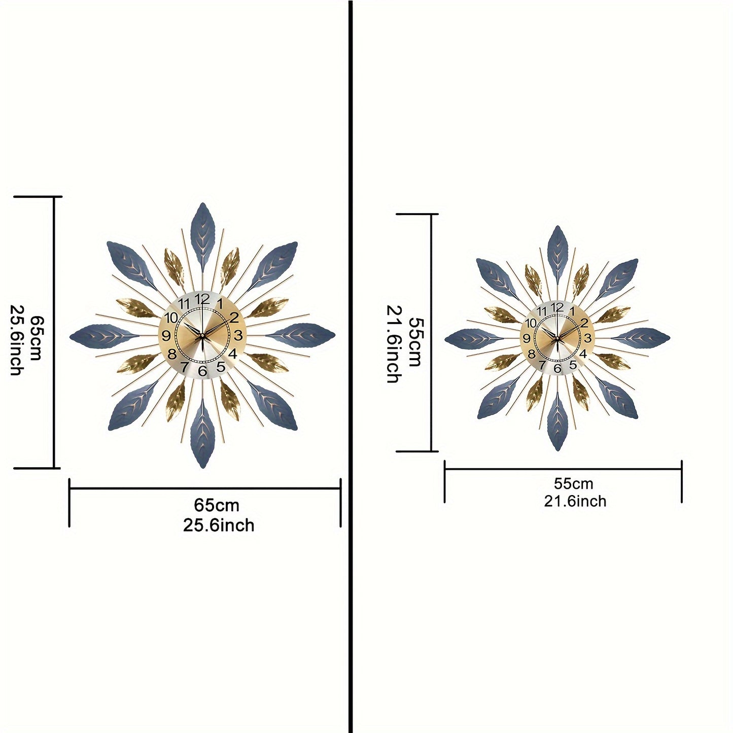 Golden Blue Metal Leaf Design Clock Silent Non-Ticking