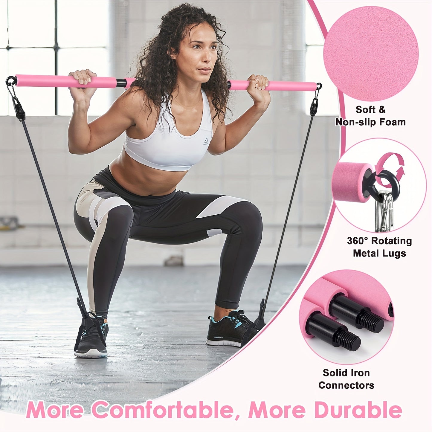Adjustable Pilates Bar Kit - 3-Section Bar with Bands