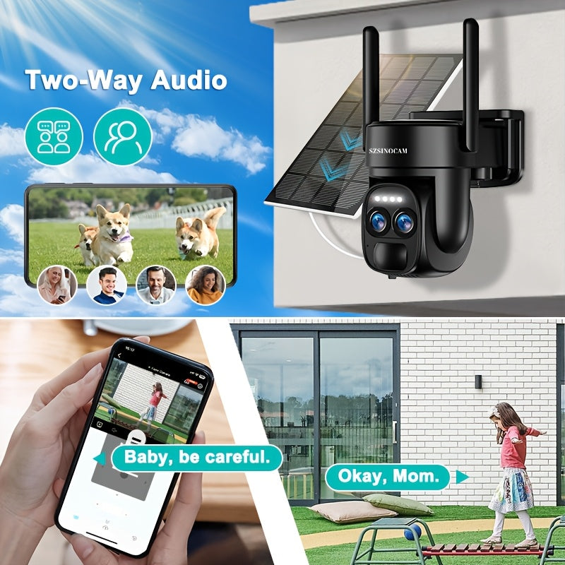 Security Camera With Solar Panel, PTZ HD System, Dual Lens