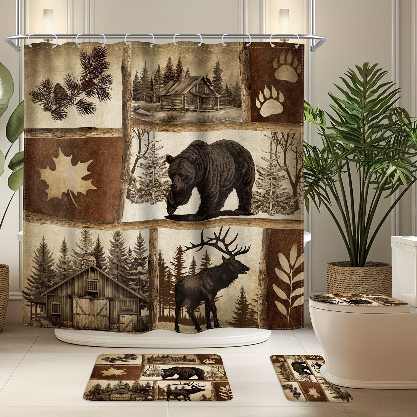 1/4pcs - Shower Curtain Set With Floor Mat And Toilet Mat