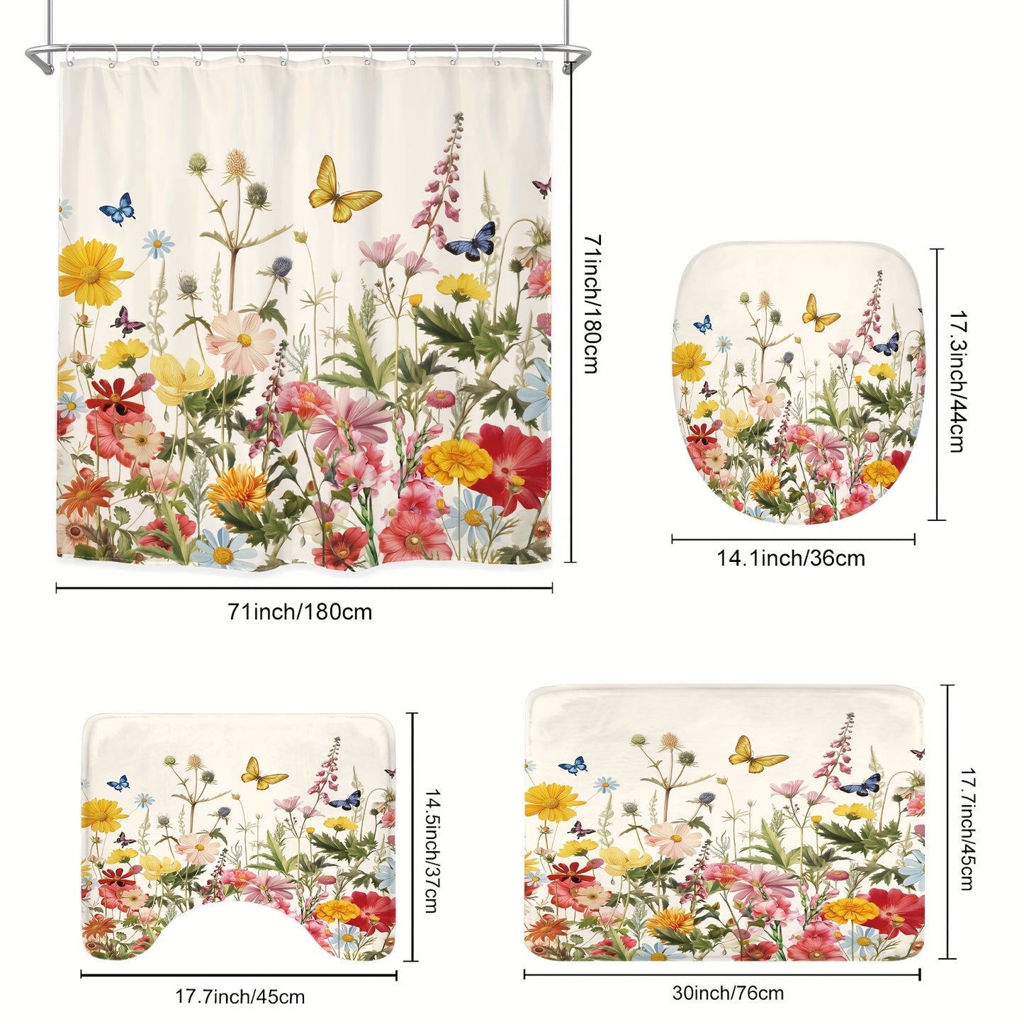 1/4pcs - Wildflower Shower Set Including Curtain Hooks 3 Mats